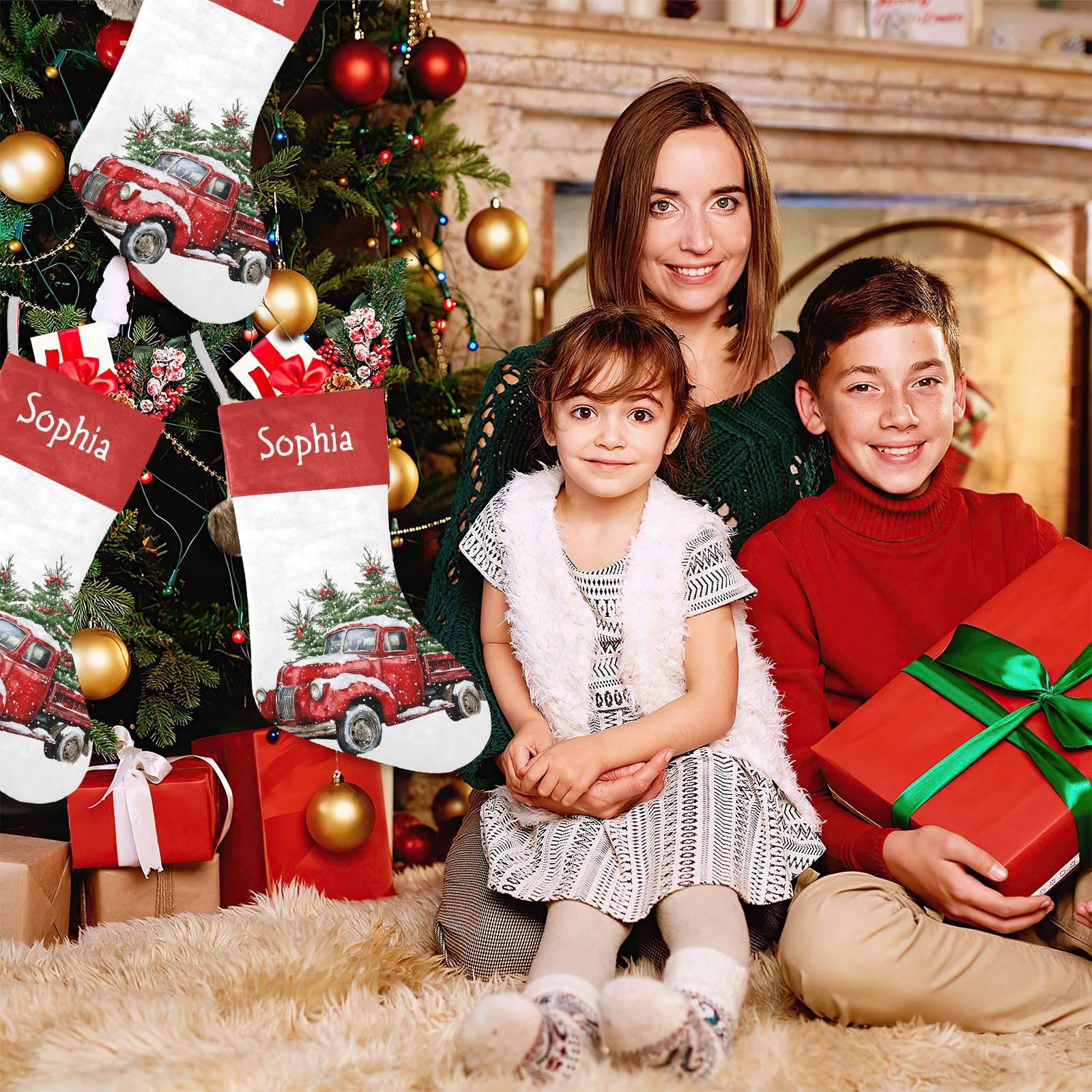Red Truck with Christmas Christmas Stocking with Name Custom Xmas Stockings for Family Wedding Party Decor 17.52 x 7.87 Inch