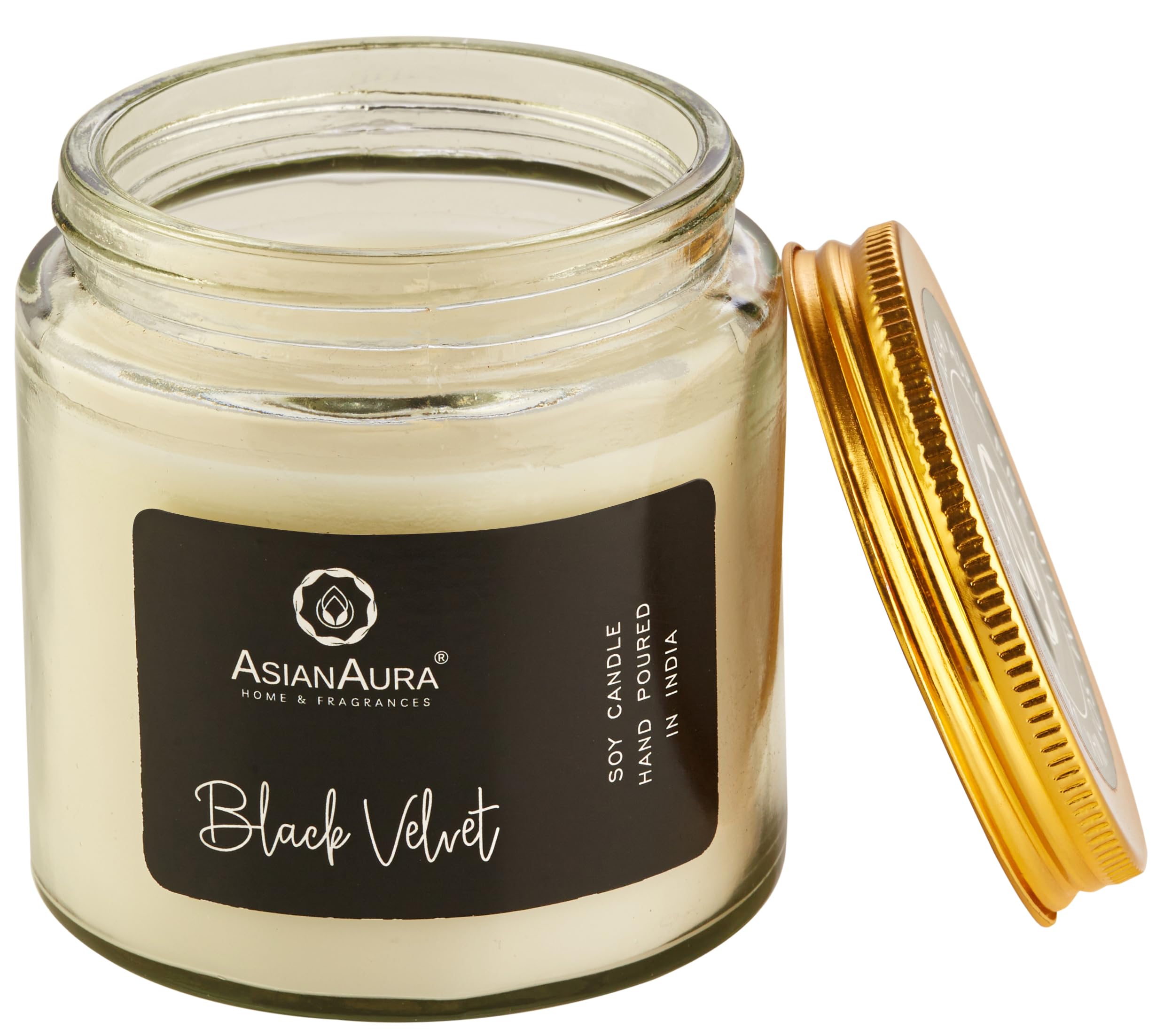 Asian Aura Scented Glass Jar Candle - 450g (Gross Wt.) - Black Velvet |36 Hours Burn Time |Smoke-Free Aroma Candle for Home Frag