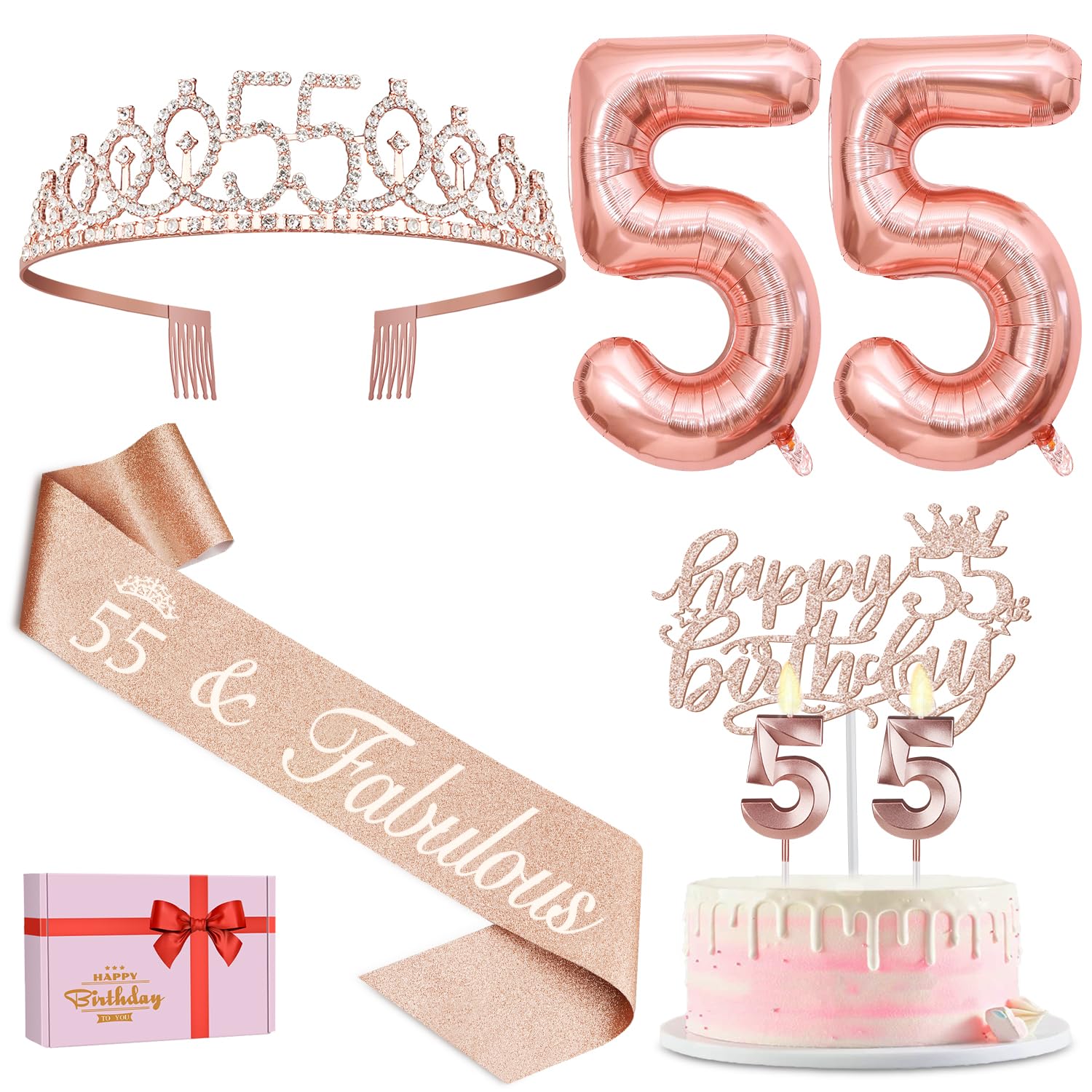 55 Birthday Decorations For Women Including 55Th Birthday Sash, 55 Birthday Tiara, Birthday Candles And Cake Topper, Number 55 B