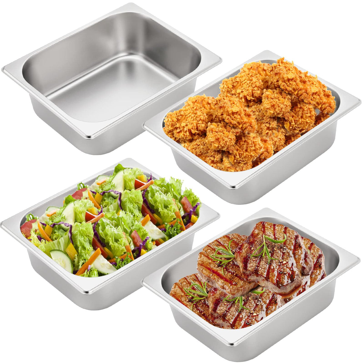 TOPZEA 4 Pack Half Size Hotel Pans, 1/2 Size 4'' Deep Stainless Steel Steam Table Pan Catering Food Pan Chafing Dishes Dinner Bu