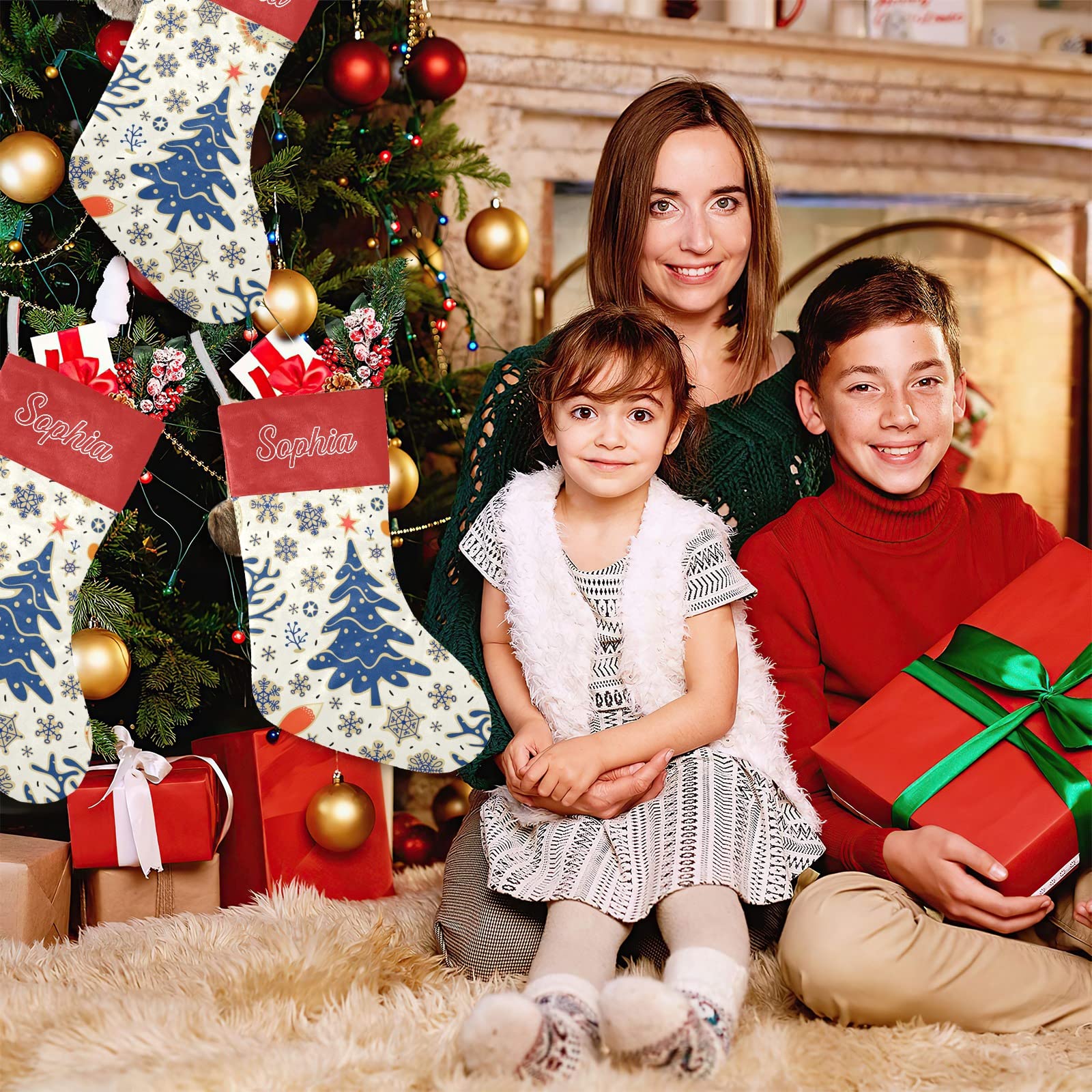 Personalized Christmas Stocking Christmas Owl Snowflake Santa Socks with Name Custom for Xmas Party Decoration Gift for Family F