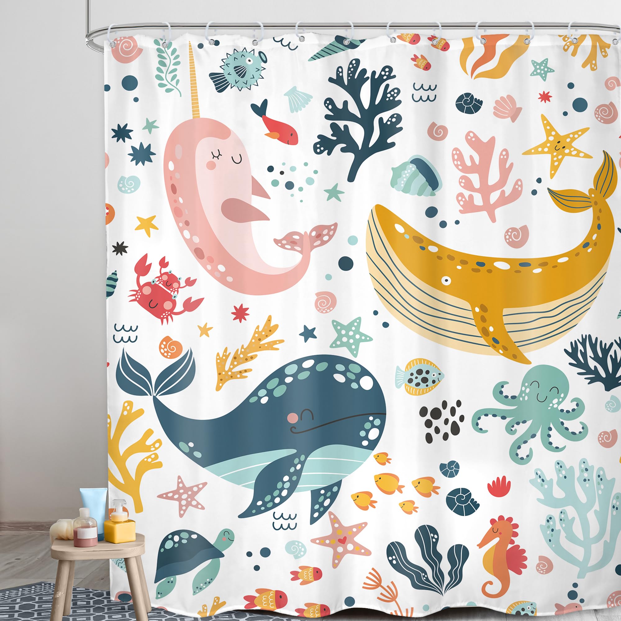 Lghtyro Kids Whale Shower Curtain Bathroom Set 71Wx84H Inches Extra Long Funny Cute Cartoon Fish Ocean Sealife Underwater Coral