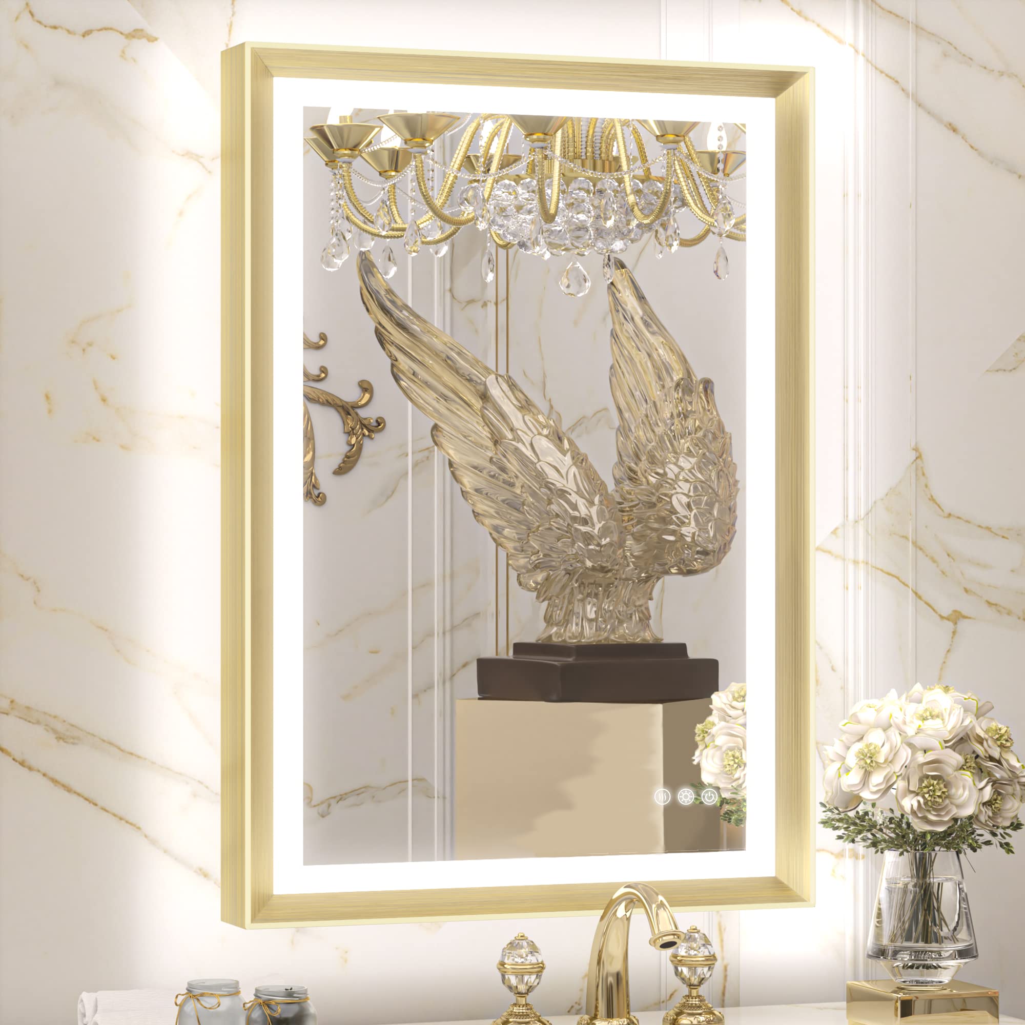Tetote Gold Led Bathroom Mirror With Lights 24X36 Frontlit & Backlit Vanity Framed Mirror Baroque Anti Fog Stepless Dimmable Whi