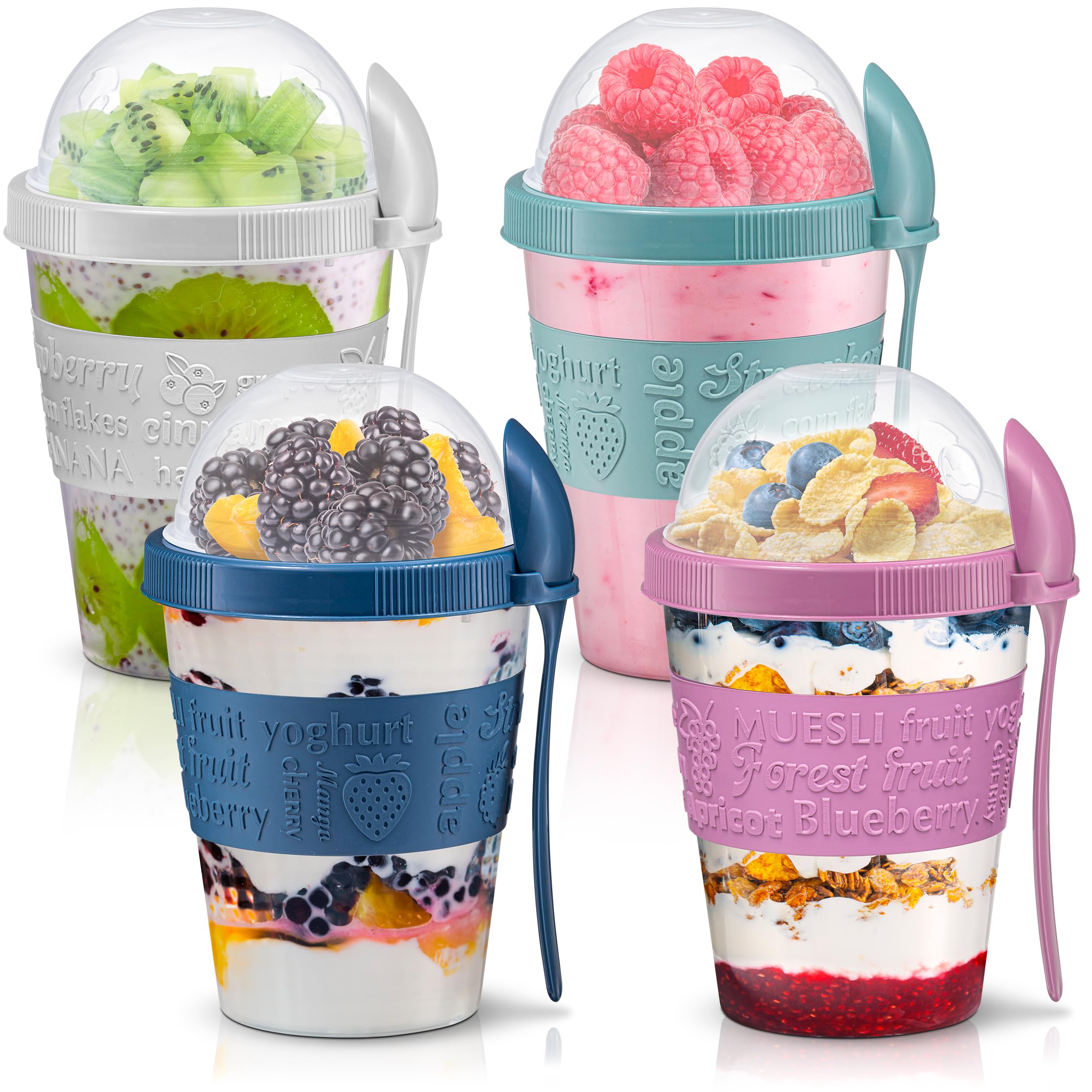 Tribello 4 Pack - On the Go Yogurt Parfait Cups with Lids, Topping Compartment & Spoon, Yogurt/Parfait Cups for Breakfast Meal P