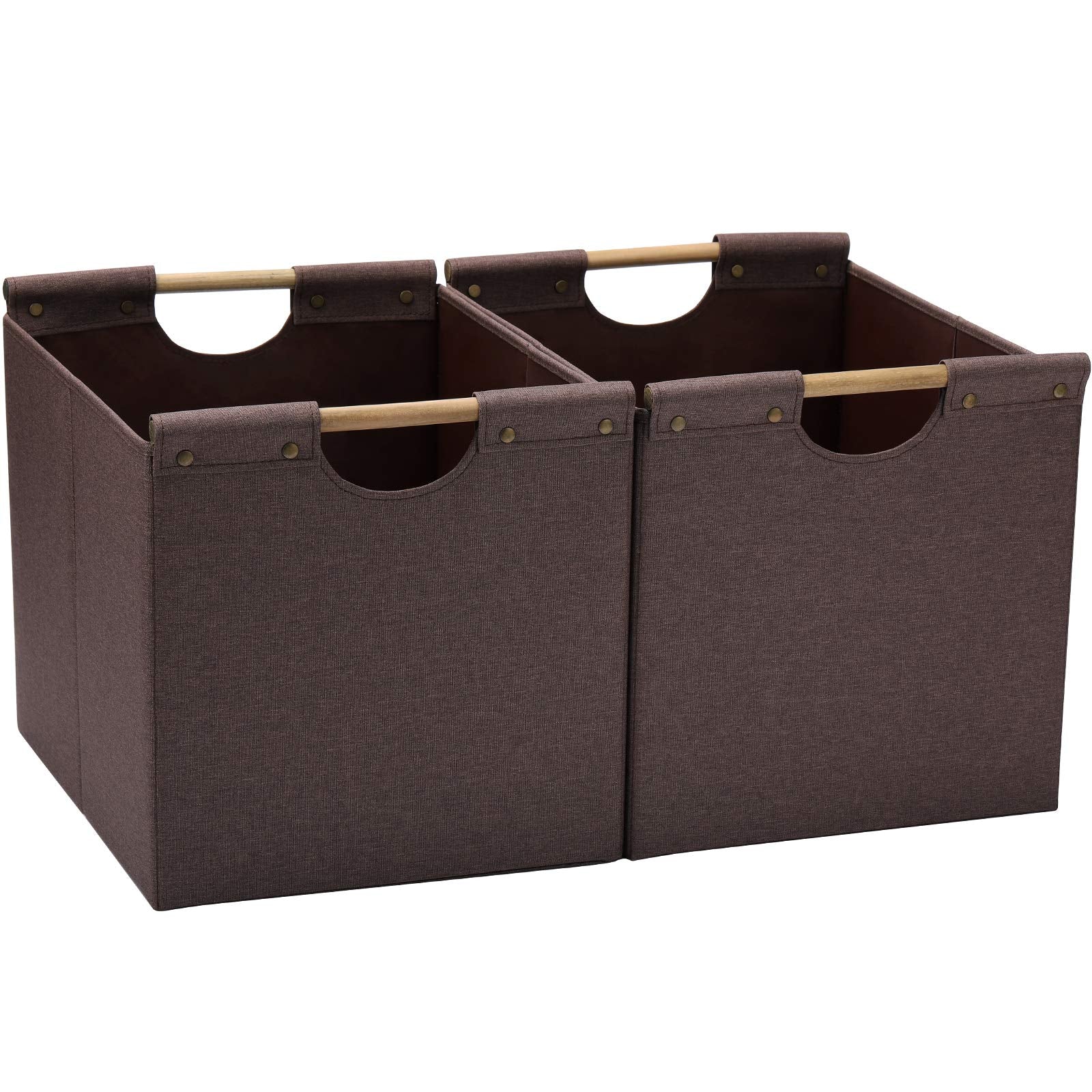 Hoonex Large Collapsible Storage Bins, Linen Fabric, 2 Pack, Storage Baskets With Wooden Carry Handles And Sturdy Heavy Cardboar