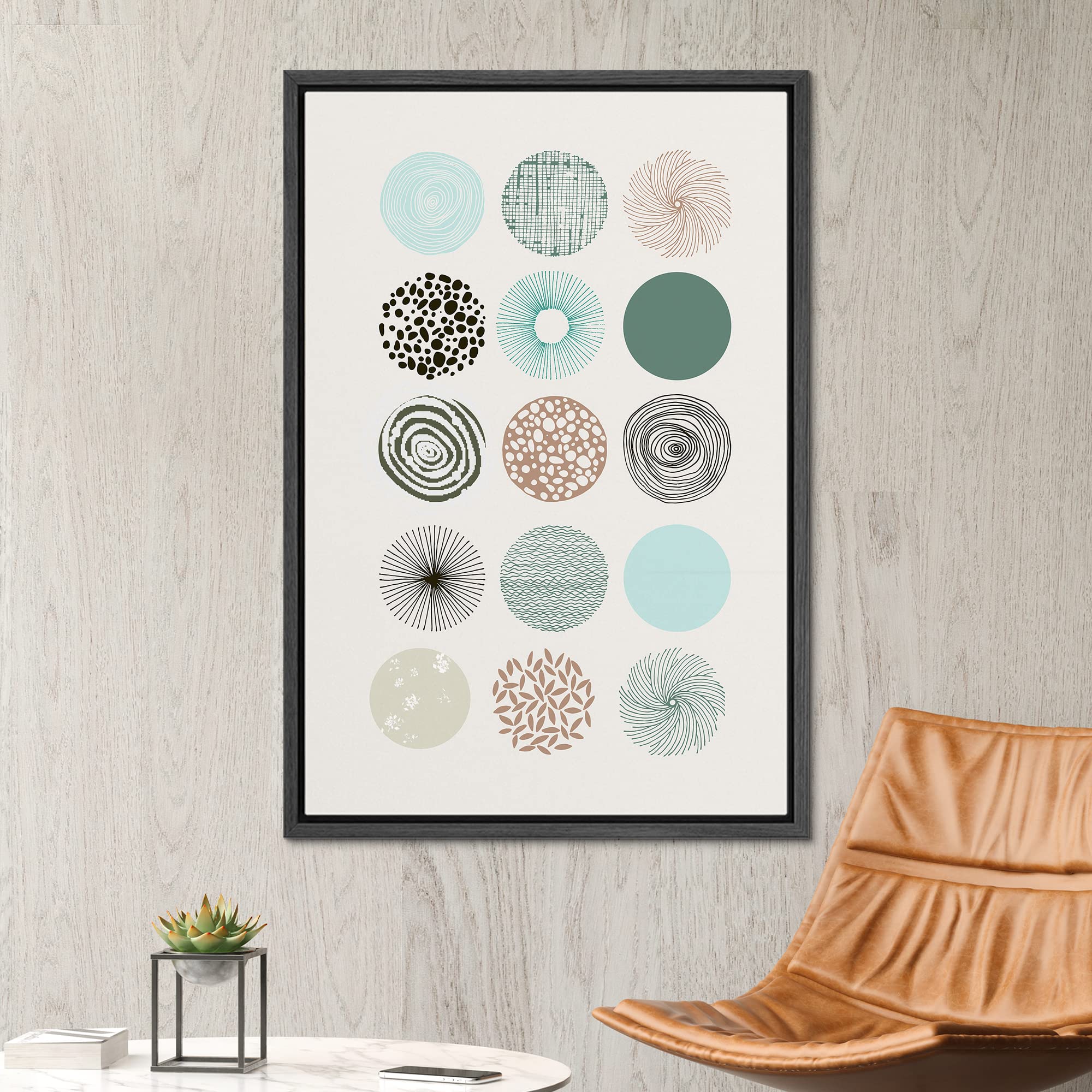 Signwin Framed Canvas Print Wall Art Pastel Green, Blue, Brown & Black Circles Abstract Shapes Illustrations Modern Chic Scenic
