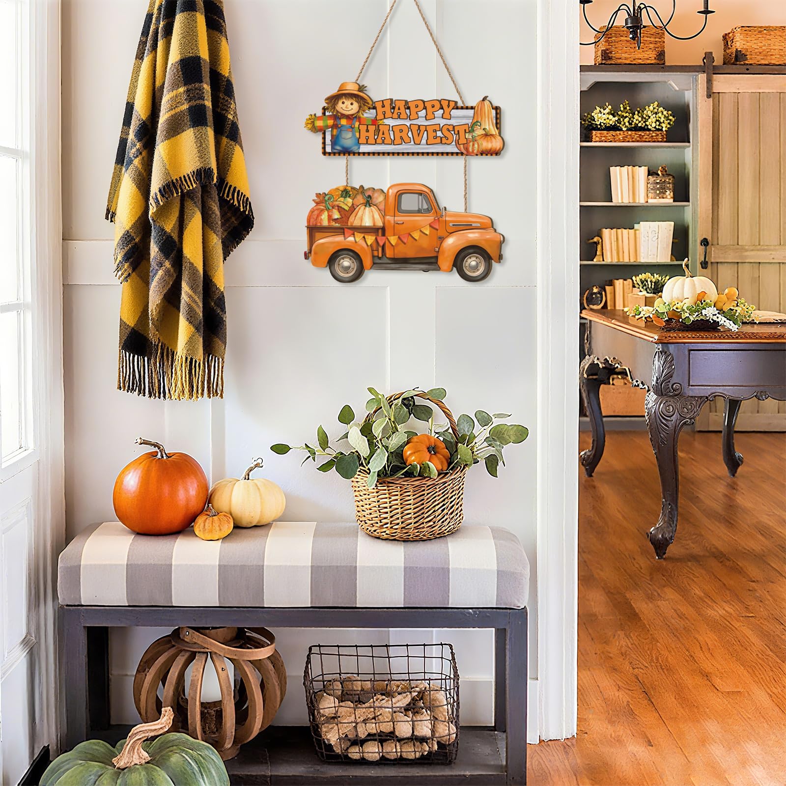 Ausril Happy Harvest Door Sign,Happy Thanksgiving Wooden Sign,Fall Truck Decor,Autumn Harvest Wall Plaque,Scarecrow Wall Hanging