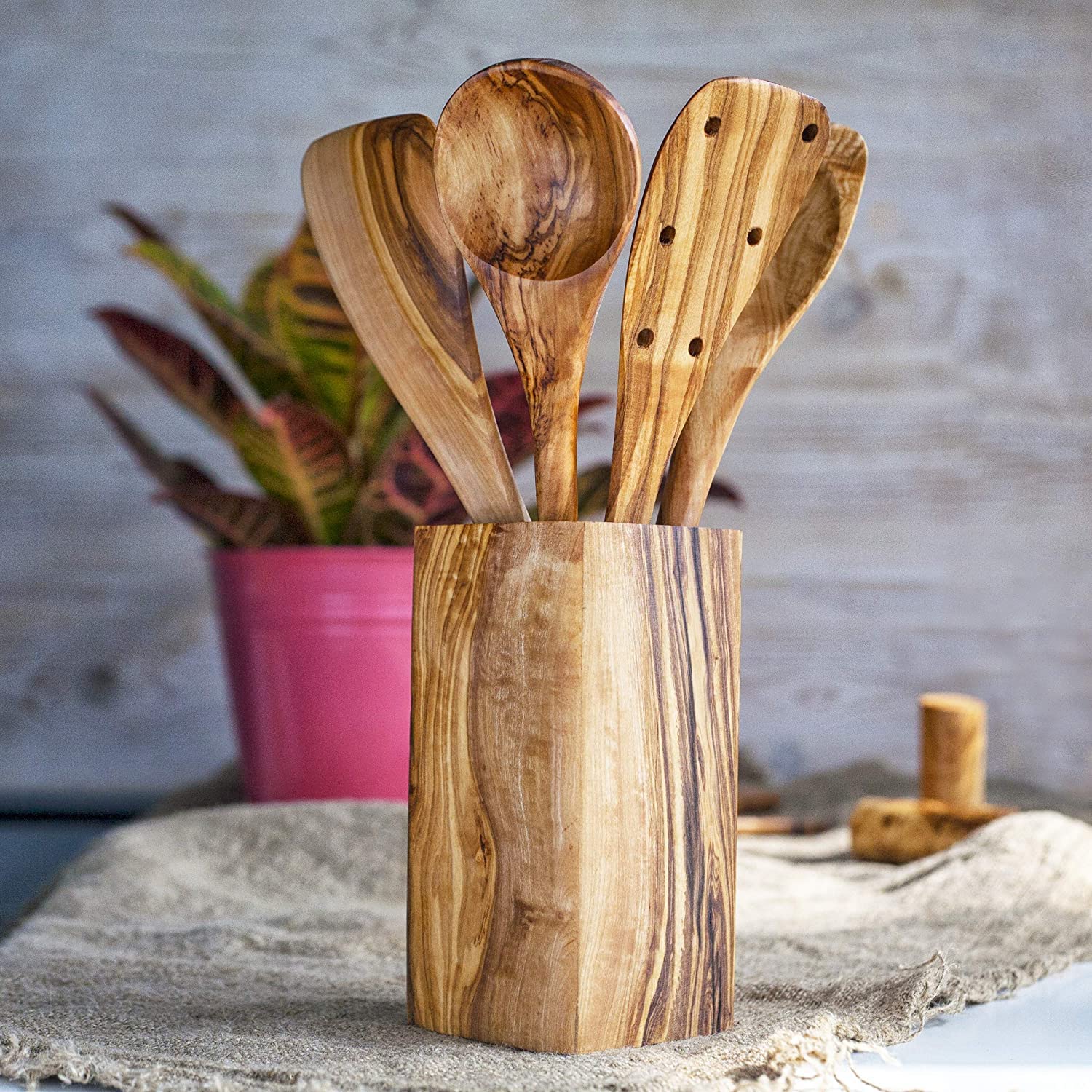 Forest Decor Olive Wood Utensils Set For Cooking - 4Pcs Non-Stick Handcrafted Wooden Spatulas For Cookware - Non Scratch Natural