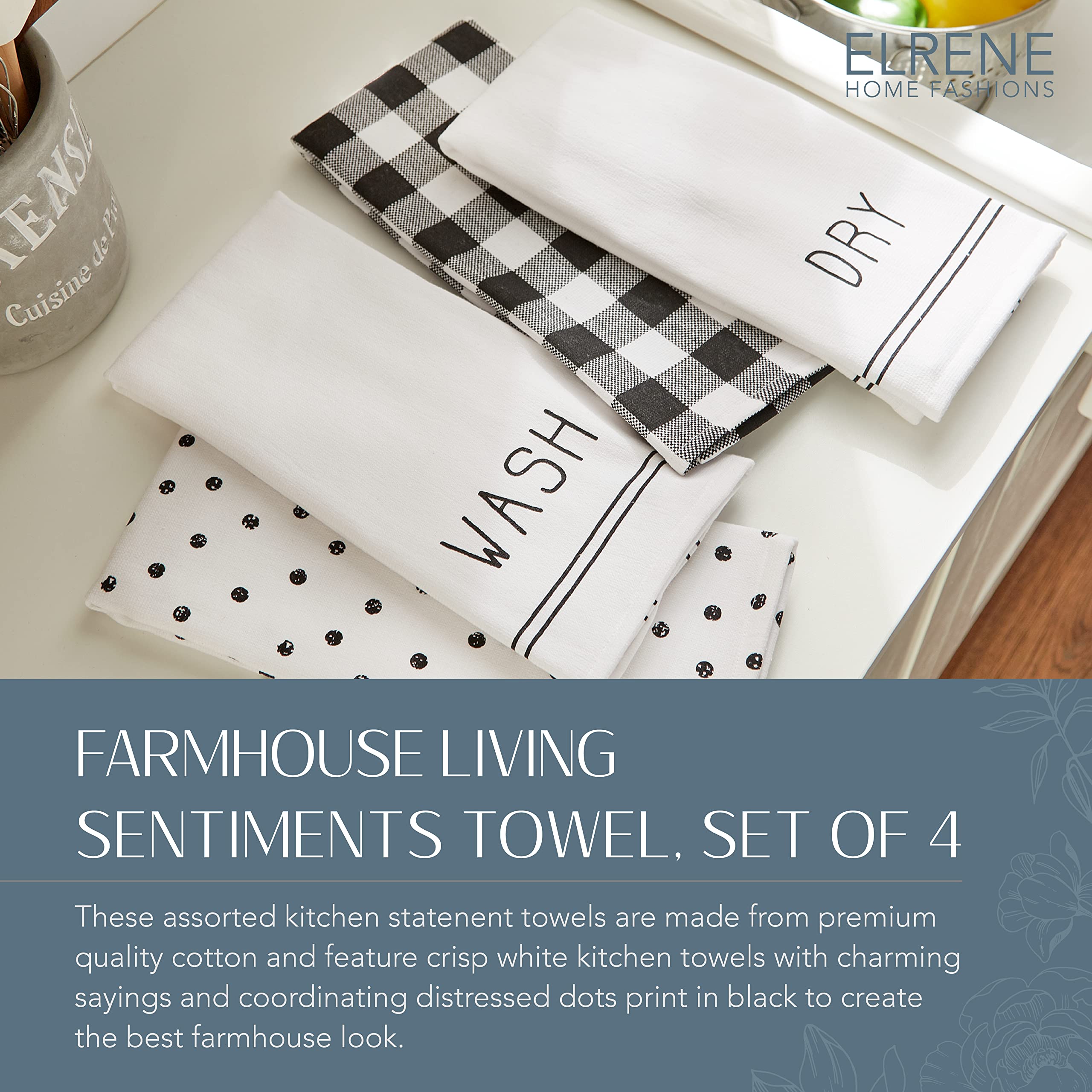 Elrene Home Fashions Farmhouse Living Sentiments Kitchen Towels, 18'' X 28'' (Set Of 4), Black/White 4