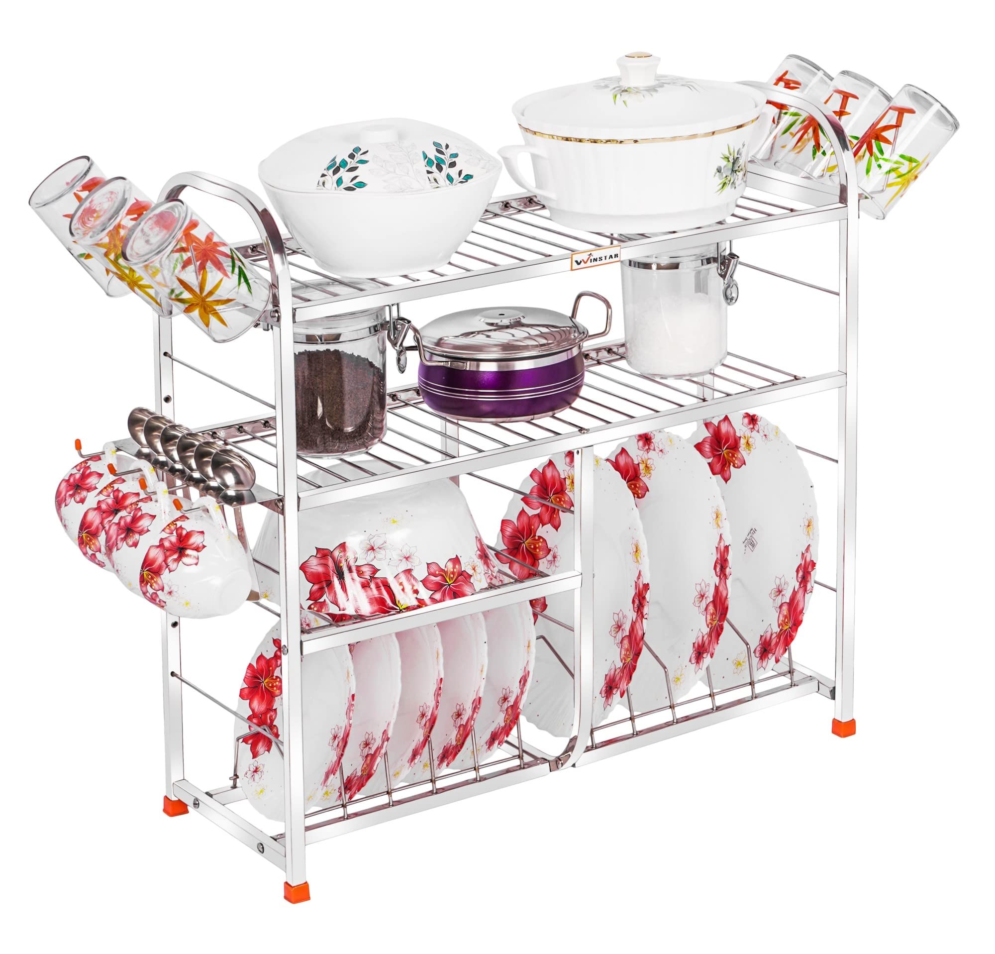 Winstar Stainless Steel 4 Shelf Wall Mount Kitchen Utensils Rack | Dish Rack With Plate & Cutlery Stand | Modular Kitchen Storag
