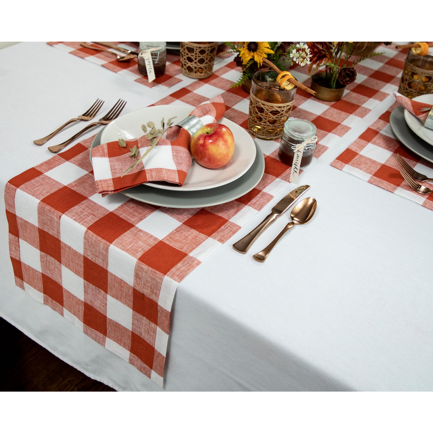 Solino Home Linen Check Table Runner 90 Inches Long - 100% Pure Linen Cinnamon And White Buffalo Plaid Table Runner 14 X 90 Inch