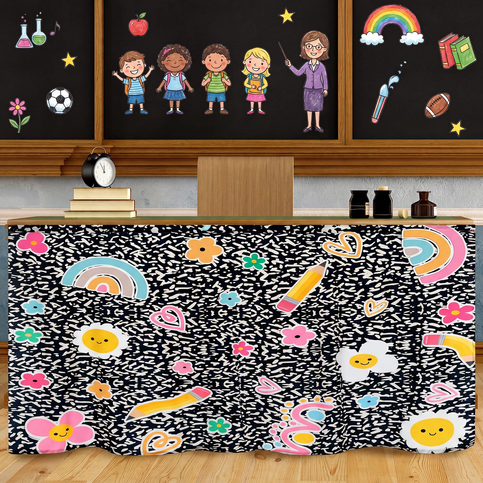 VitalCozy Composition Notebook Table Skirt for Classroom Teacher 28 W x 51 L Desk Curtain Skirts Teacher Appreciation Week Back 