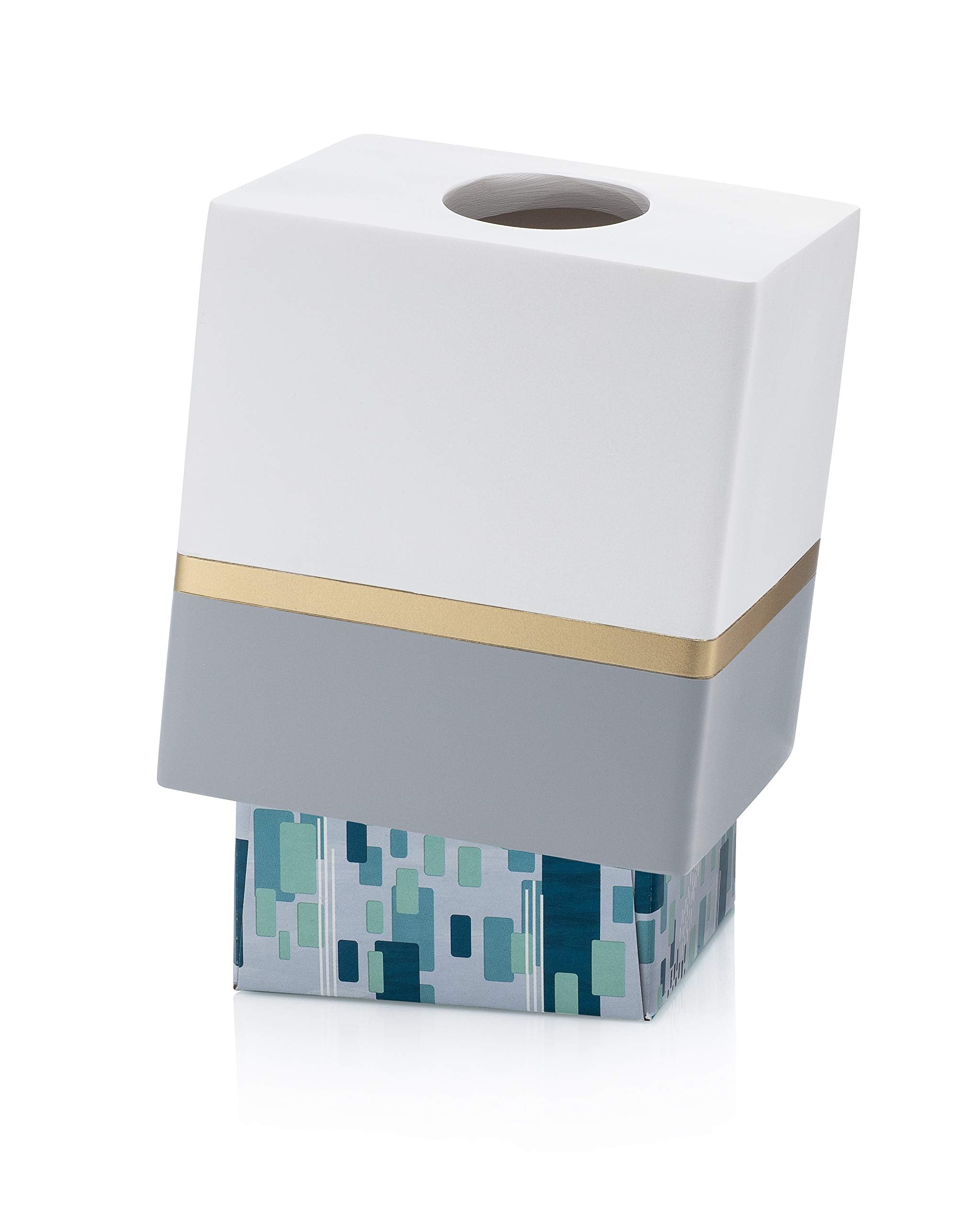 Essentra Home Day and Night Collection Square Tissue Box  White and Grey with Gold Stripe