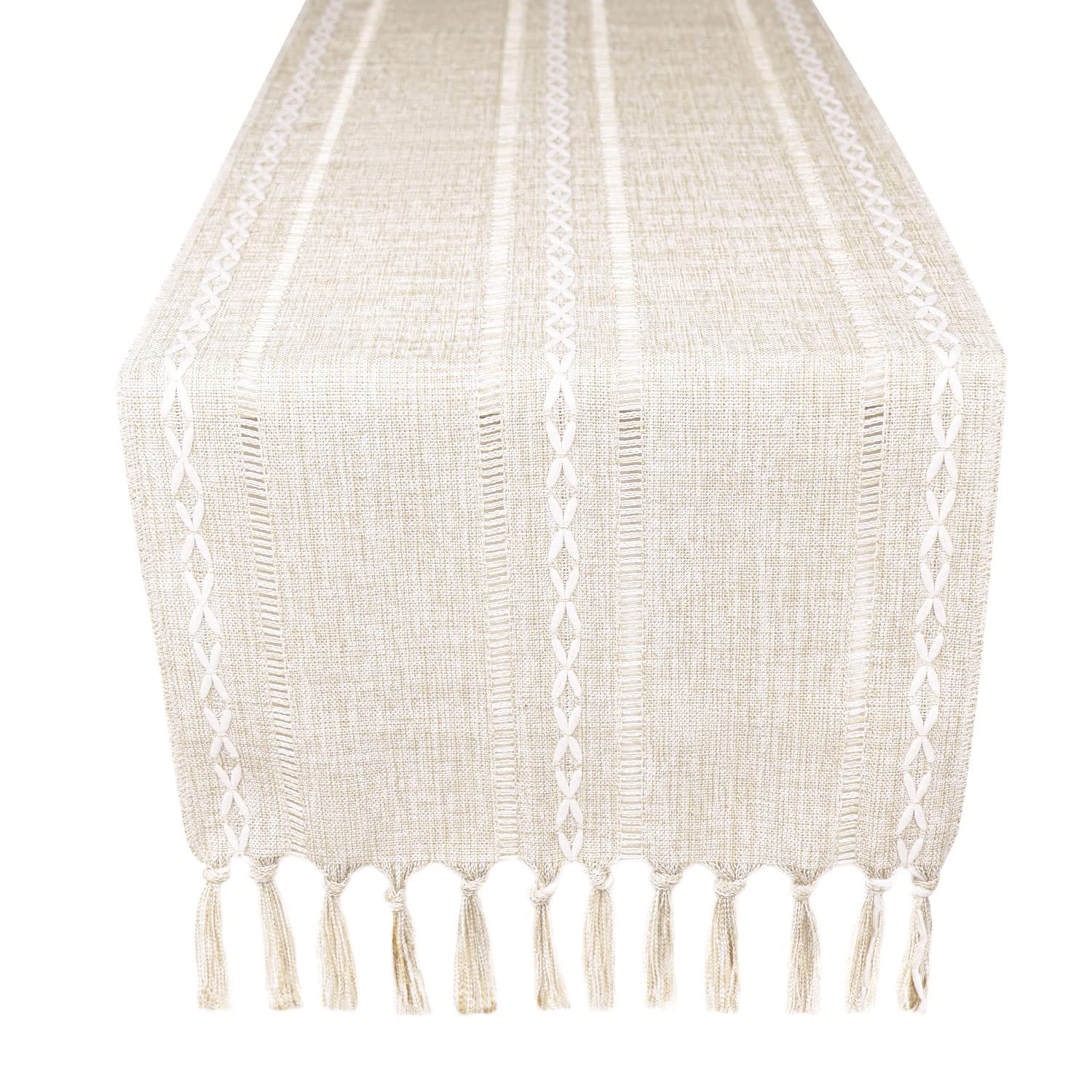 Gsg Farmhouse White Table Runner Boho Style Linen 60 Inch Long, Handmade Rustic Table Runner With Tassels For Holiday Party Dini