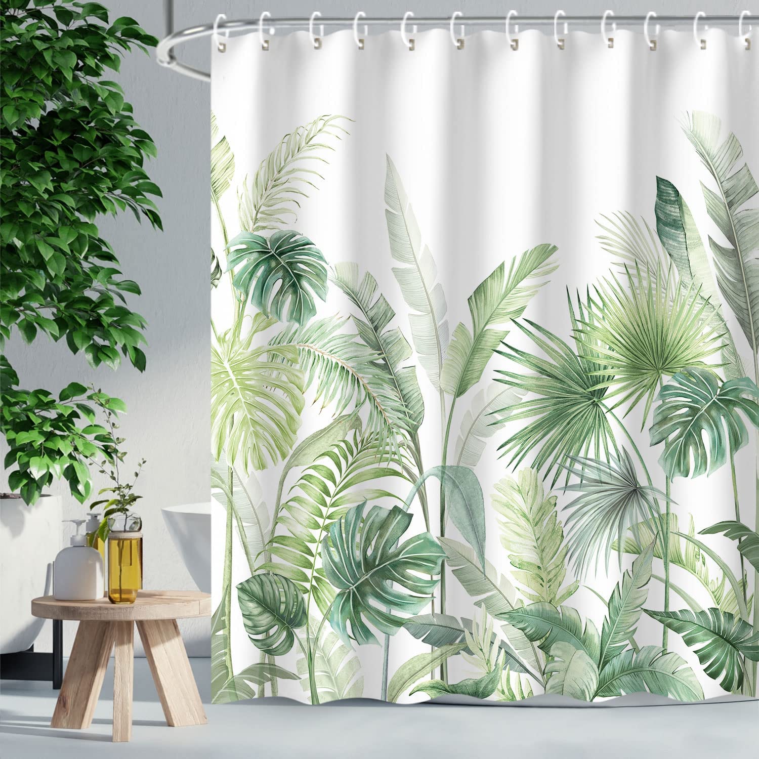 Rosielily Tropical Shower Curtain, Green Shower Curtain, Plant Shower Curtain, Leaf Shower Curtain, Botanical Shower Curtain Set