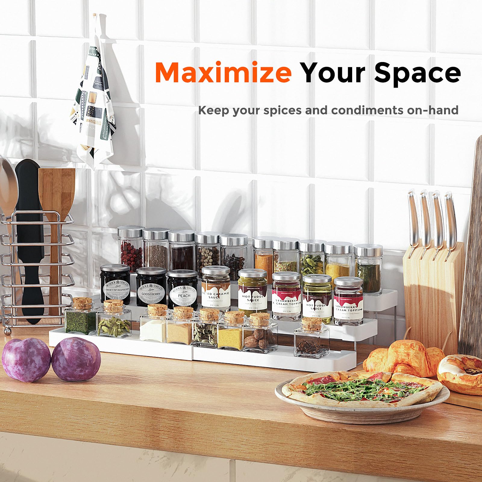 INVOCOO Expandable Spice Rack Organizer for Cabinet - 3 Tier Adjustable Cabinet Spice Organizer Easy Visibility - Spice Organize