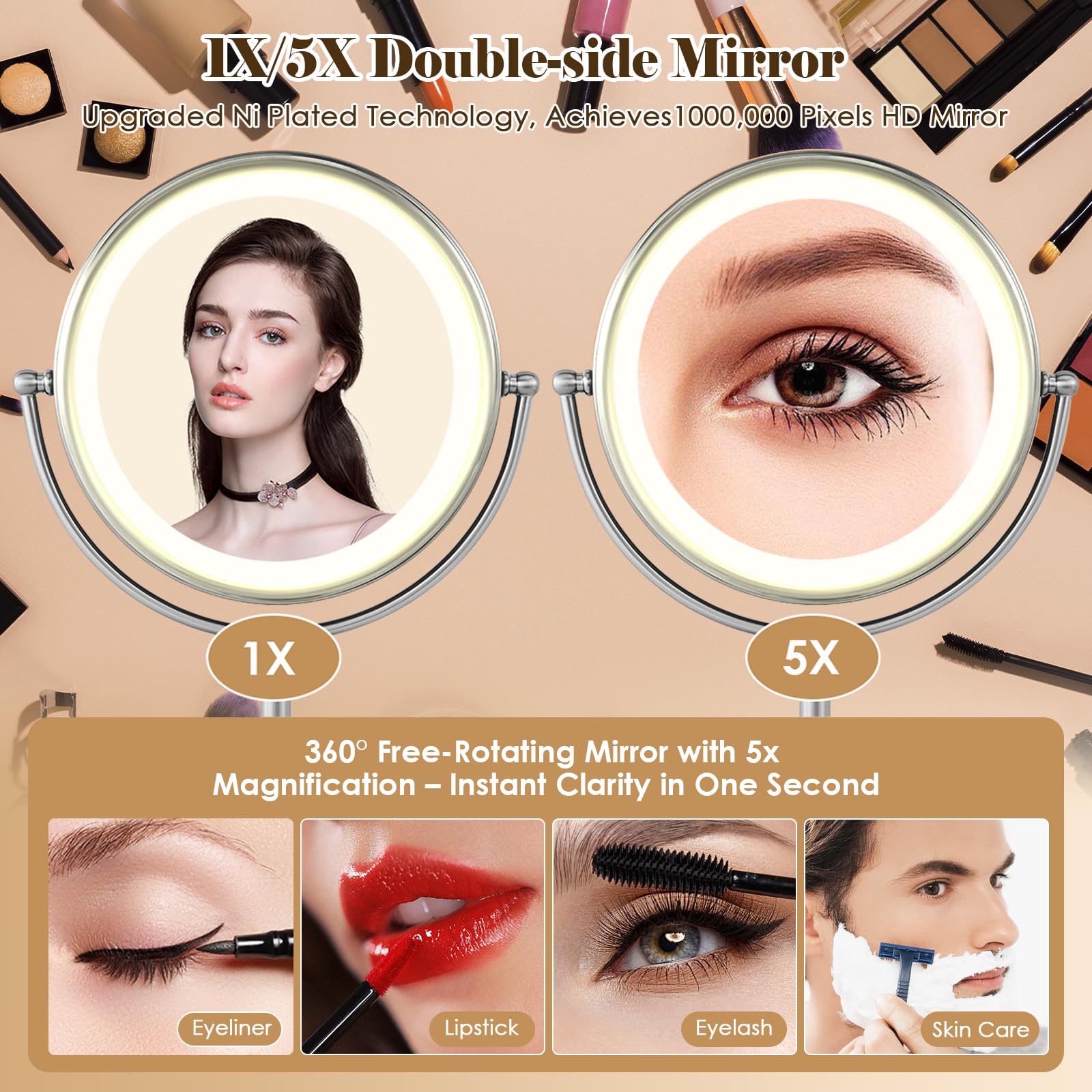 VESAUR 11" Lighted Makeup Mirror, 1X/5X Magnifying, 17" Tall, Pearl Nickel, Model D1003, 96 LEDs, 3 Color Modes