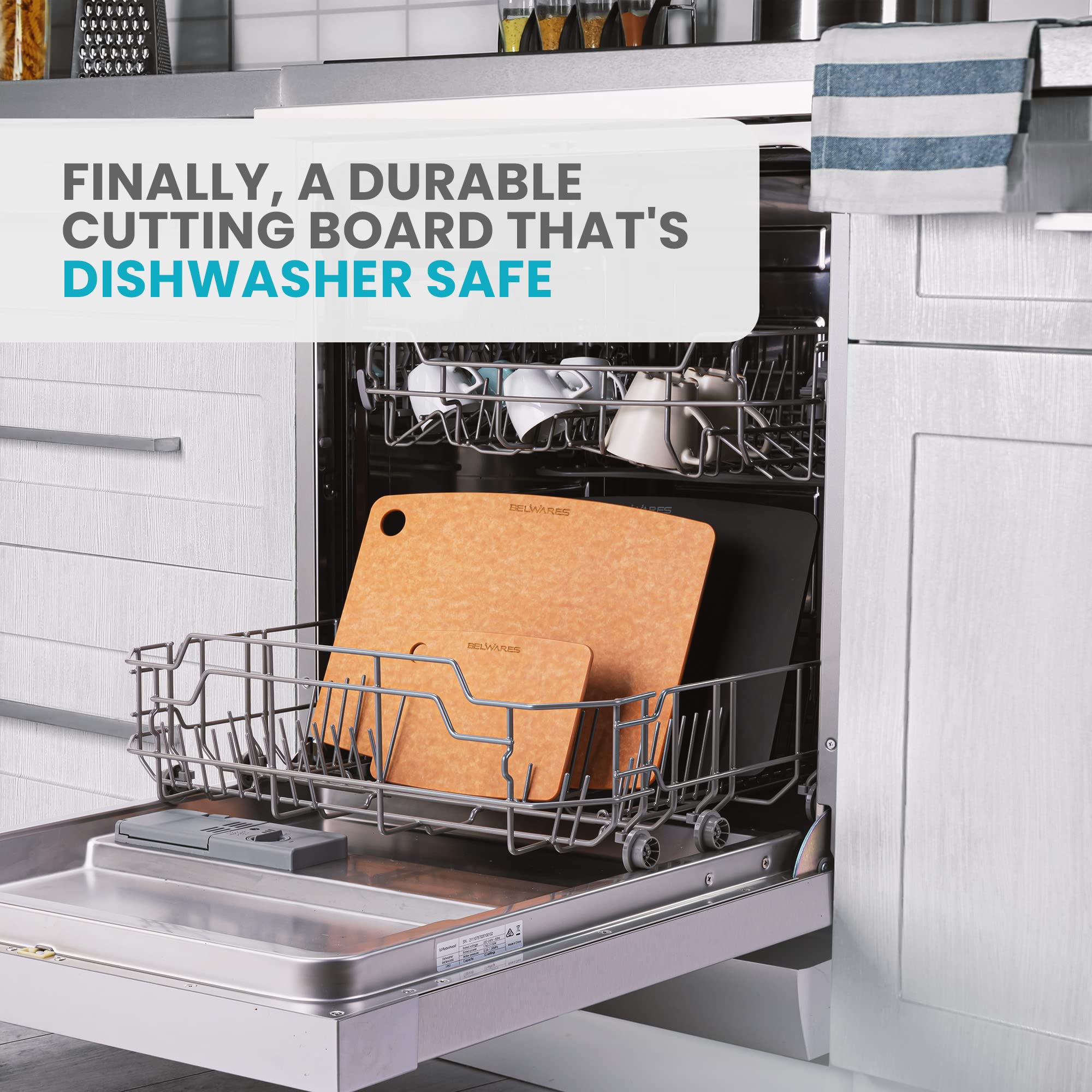 Dishwasher Safe Cutting Board for Kitchen - Large Composite Wood Cutting Board - Thin, BPA Free & Eco-Friendly Chopping Board, F