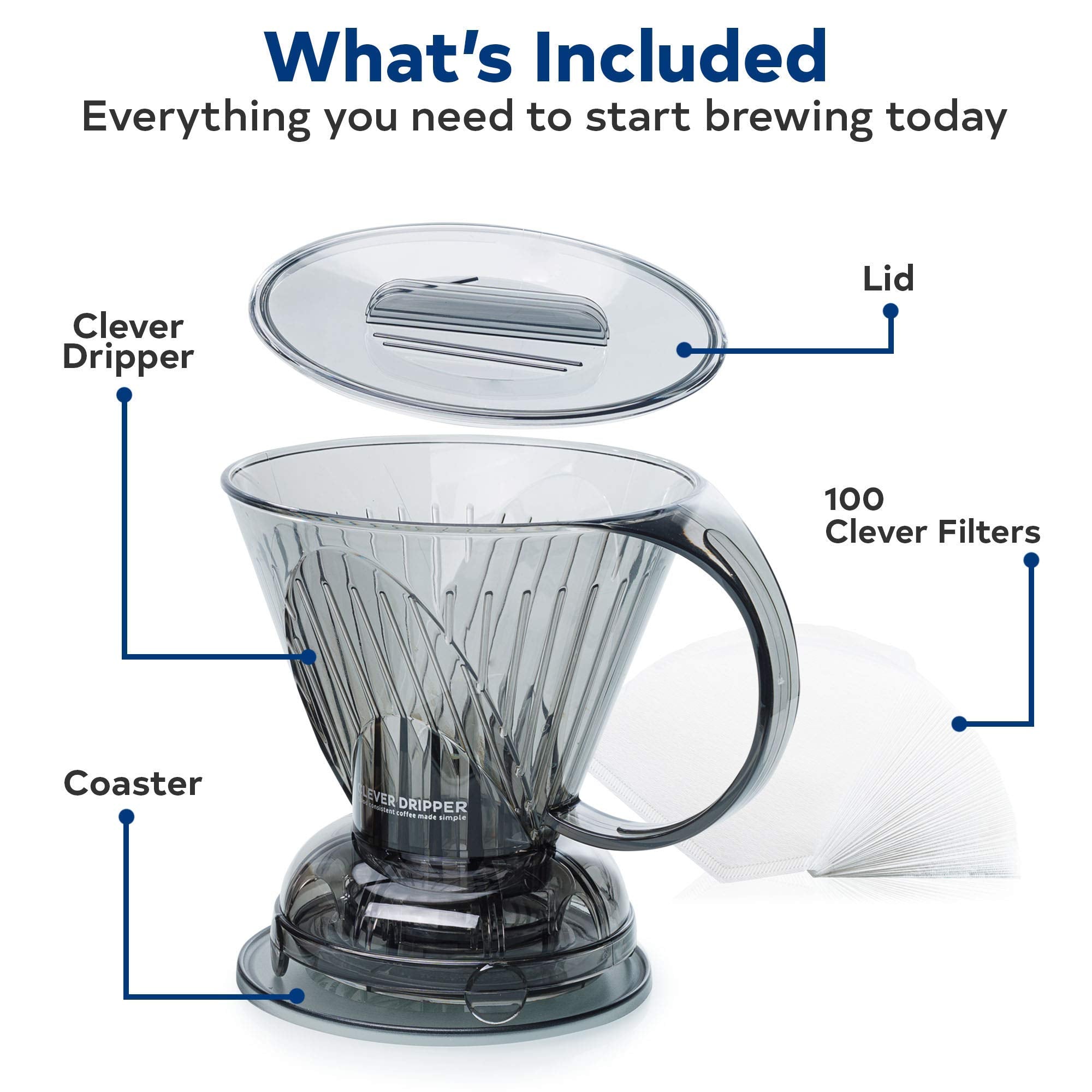 Clever Coffee Dripper and Filters  Large 18 oz (Cloud)| Barista's Choice| Safe BPA Free Plastic|Includes 100 Filters