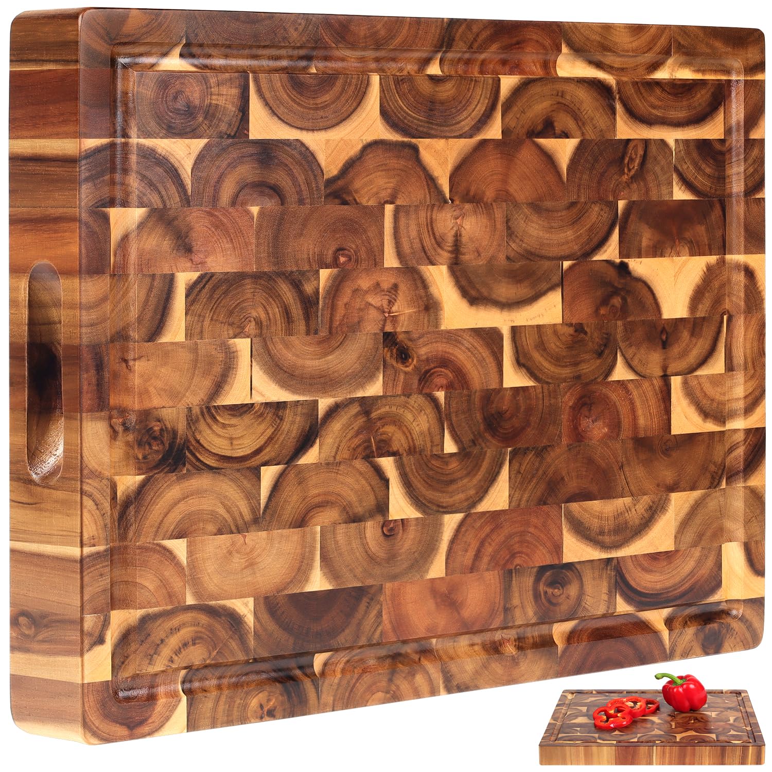 XL Acacia End Grain Wood Cutting Board (20x15x1.5in) Acacia Wooden Cutting Board, Butcher Block, Chopping Board  Reversible Mul