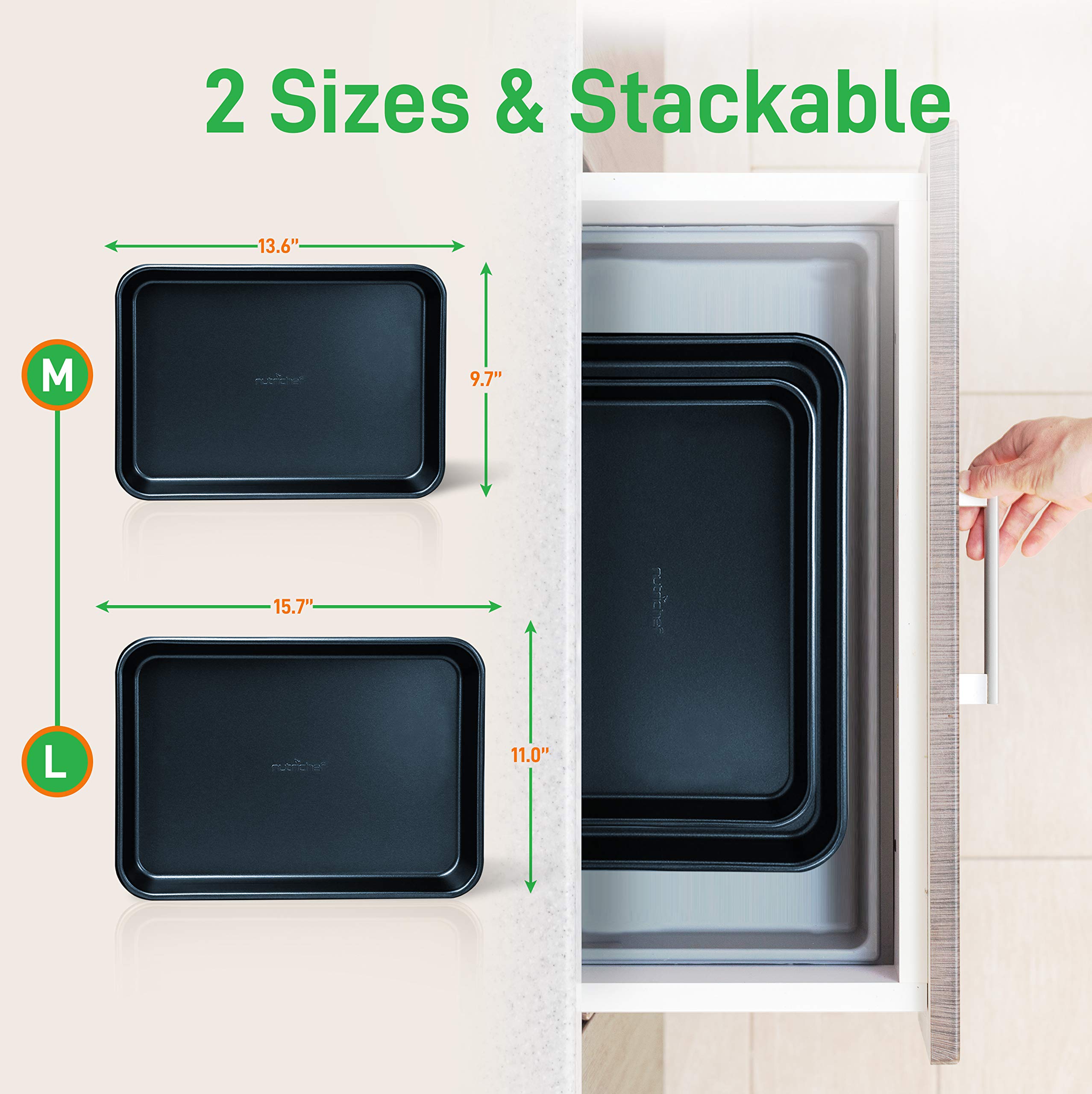 Nutrichef 2-Piece Non-Stick Baking Sheet Pan Set - Premium Carbon Steel Cookie Sheets For Baking - Large And Medium Size Nonstic