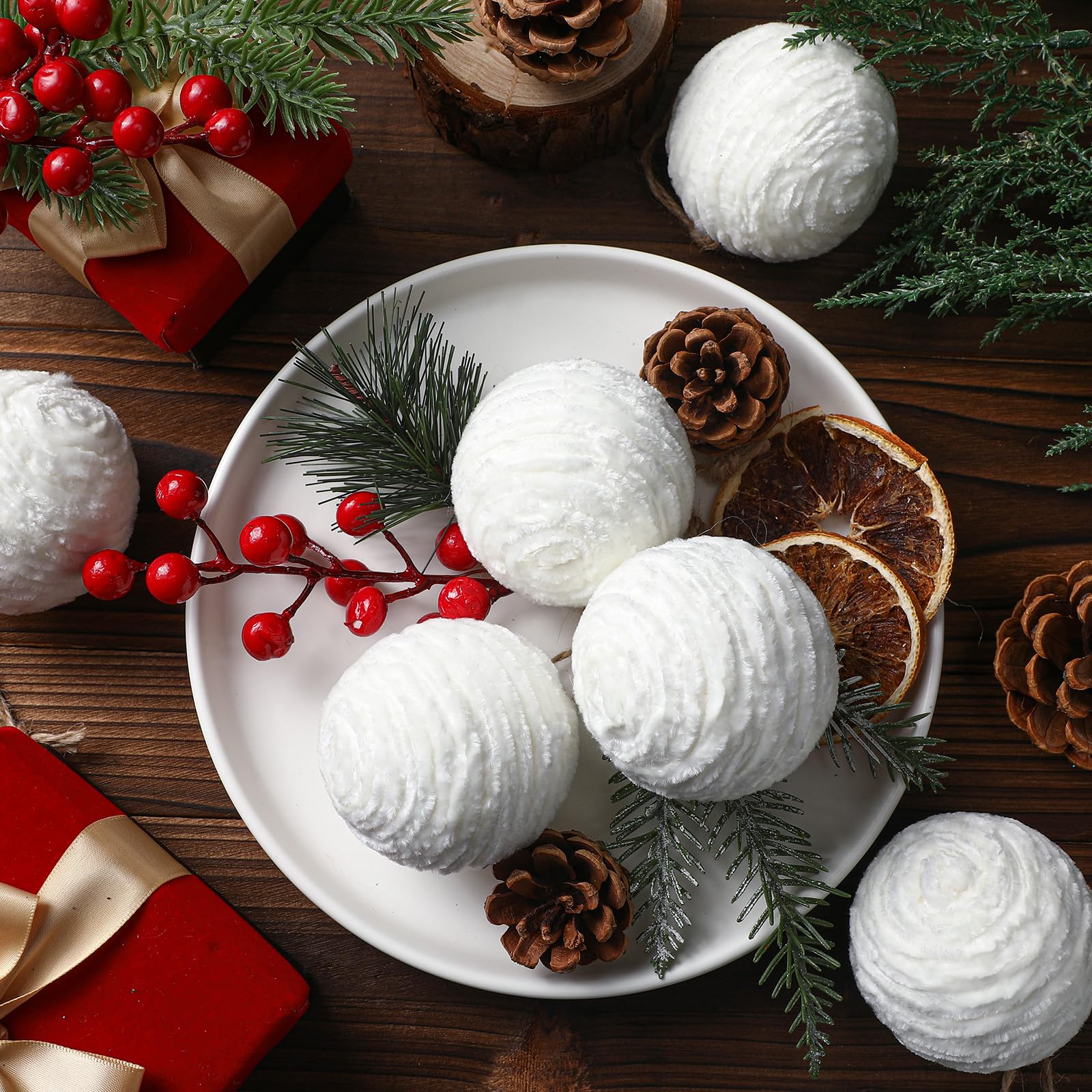 Hungdao 9 Pcs White Christmas Ornaments Velvet Ball Flocked Chenille Christmas Tree Ball Ornaments Decorative Xmas Hanging Decor