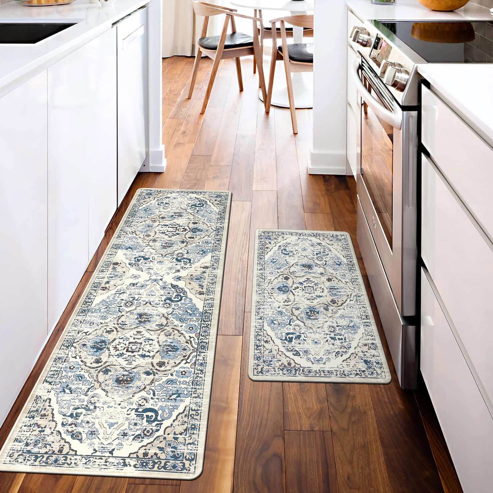 Ileading Blue Kitchen Mats For Floor 2 Piece 17''X28''+17''X59'' Boho Anti Fatigue Mats Non Slip Cushioned Floor Mat For Standin