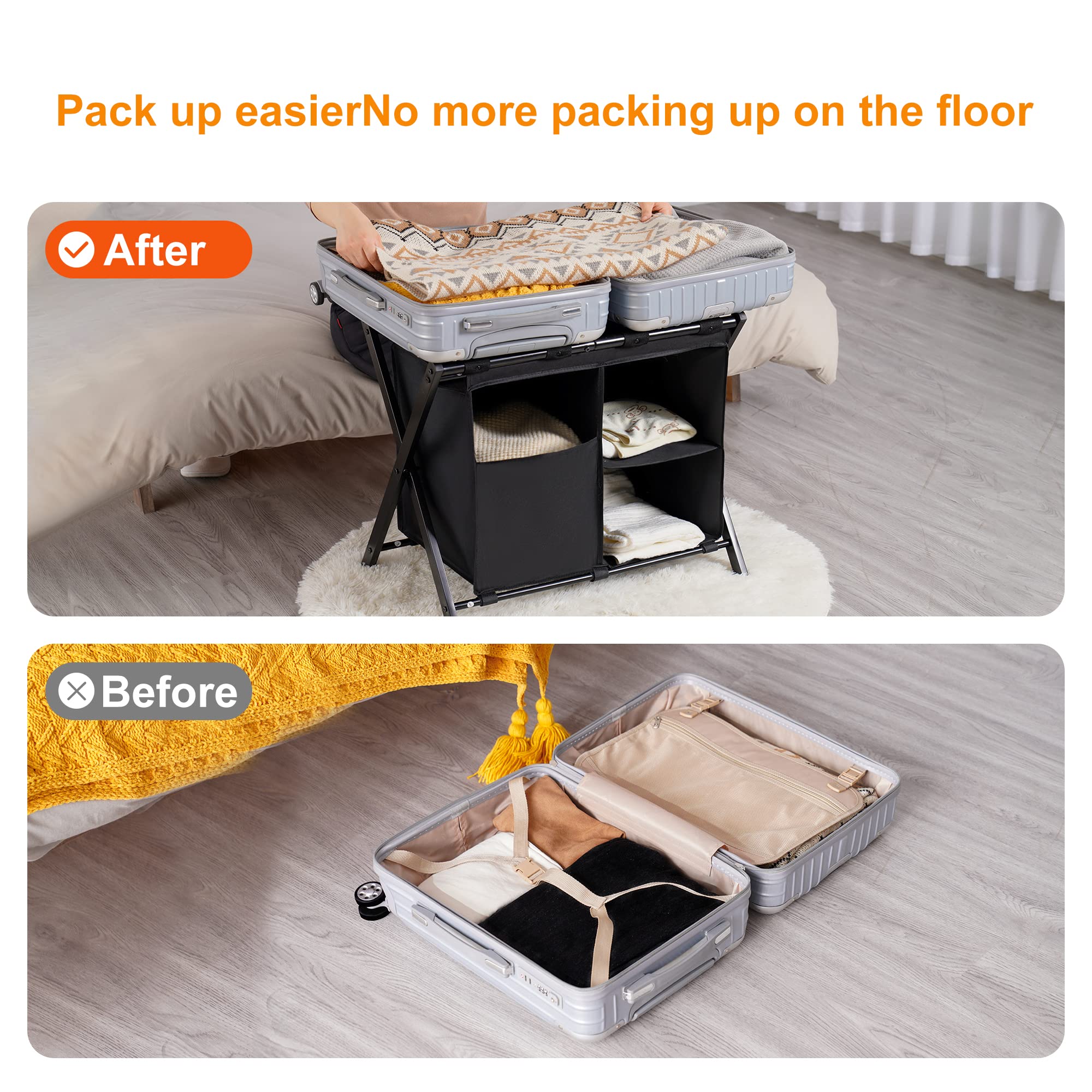 Heybly Luggage Rack With Laundry Bag,Pack Of 2,Steel Folding Suitcase Stand With Storage Shelf For Bedroom, Hotel, Foldable Stee