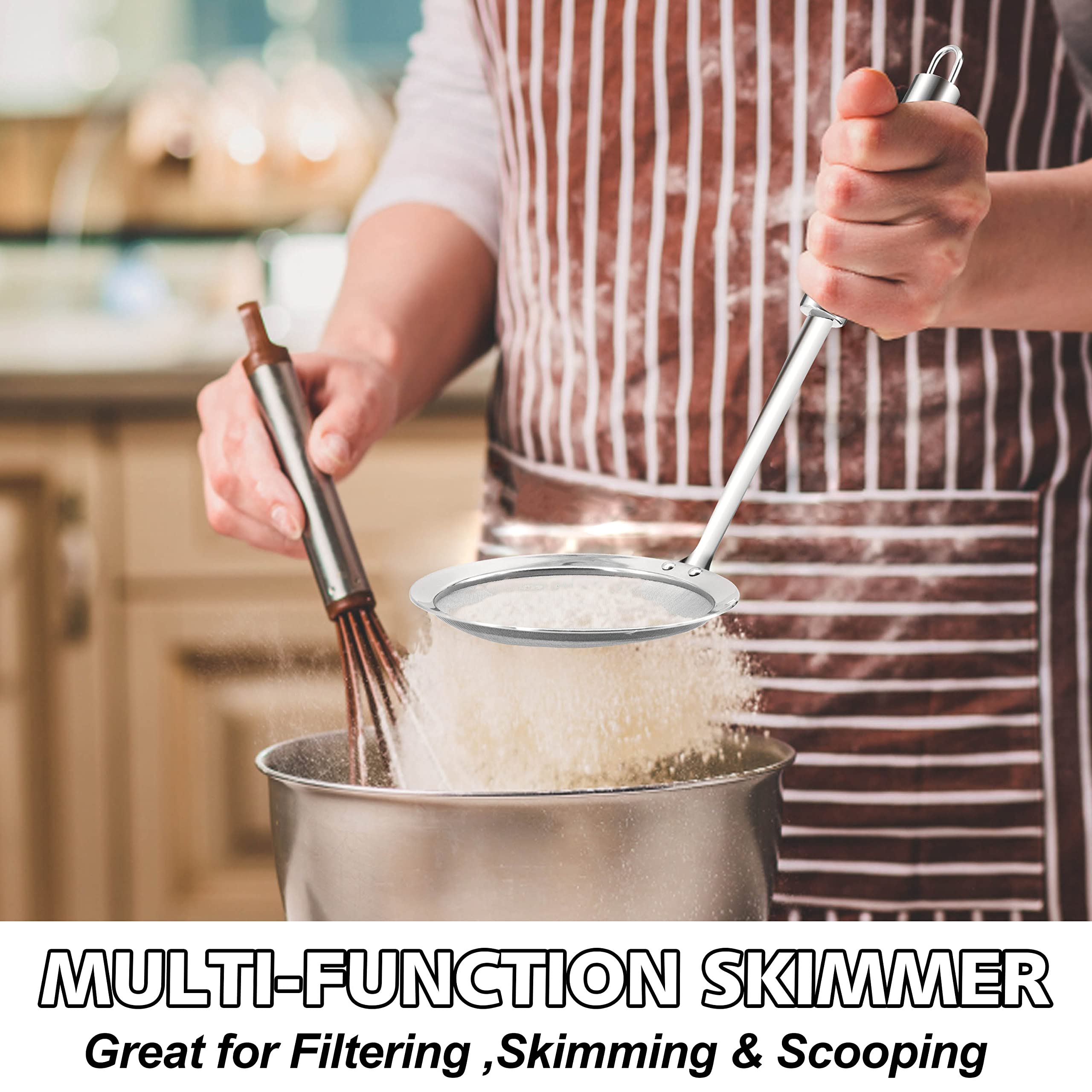 Anaeat 4'' Stainless Steel Fat Skimmer Spoon - Professional Kitchen Fine Mesh Food Strainer and Hot Pot Skimmer with Long Handle for Skimming  Cooking  Frying  Grease  Gravy and Foam