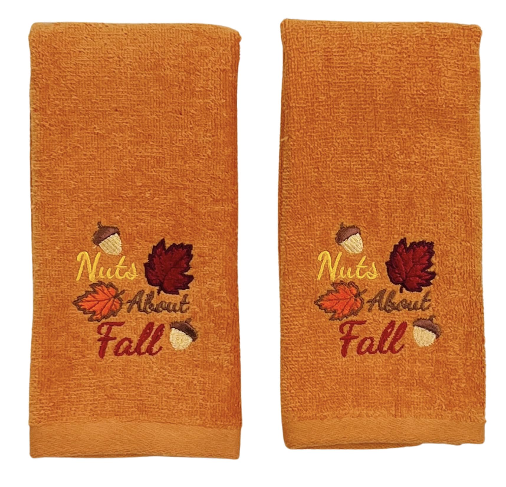 Serafina Home Decorative Fall Decor Fingertip Towels: Embroidered Nuts About Fall Acorns Leaves On Plush Orange, 2 Piece Set, 11