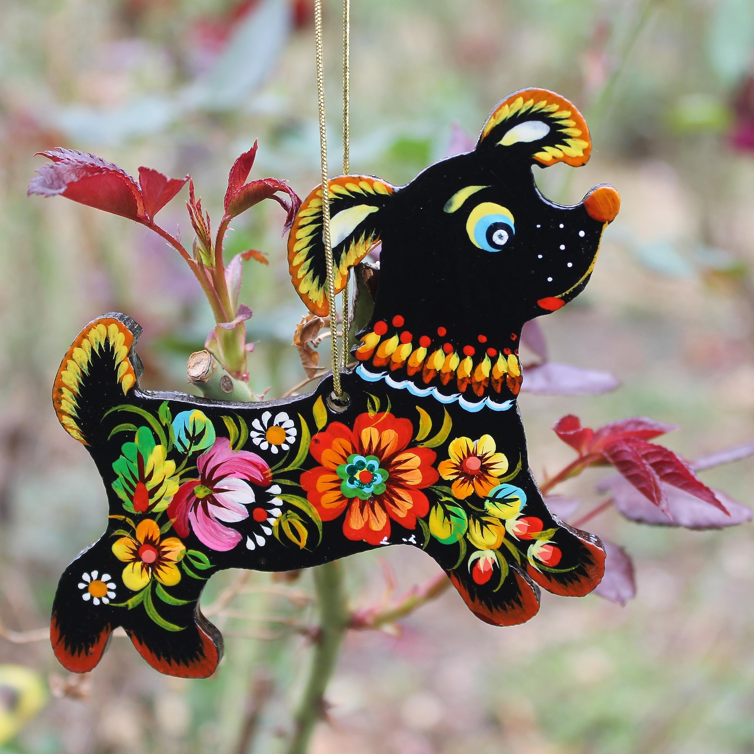 Hanging Dog Ornament Wooden Flat Pet Decoration 3.9 x 3 x 0.2 inches Hand-painted with Floral Patterns of Ukrainian Petrykivka P