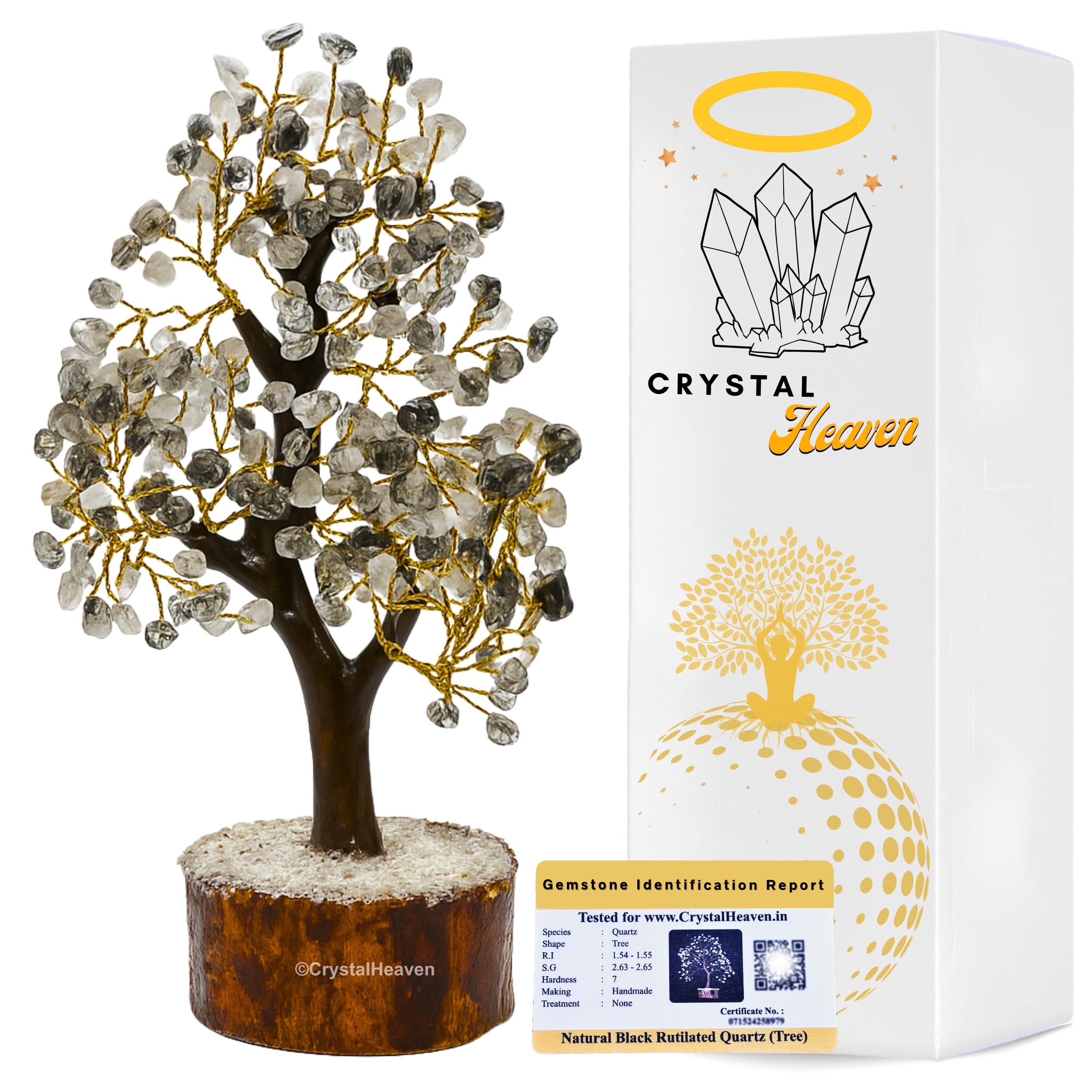Certified Black Rutilated Quartz Crystal Tree For Good Luck - Healing Crystals Money Tree For Wealth, Positive Energy At Home Of