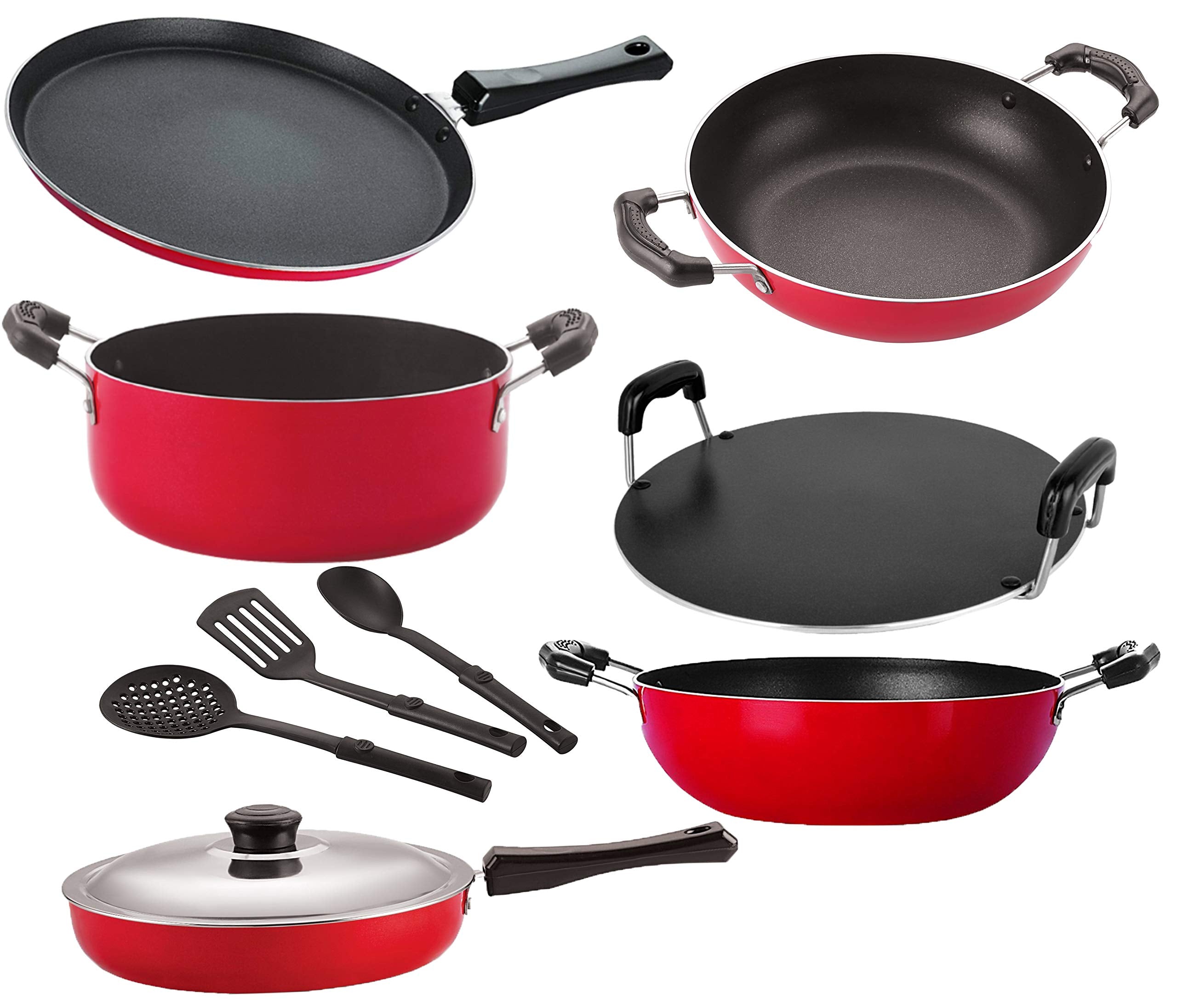 Nirlon Non Stick Cookware Pots & Pan Combo Set Of 9 Pieces With Bakelite Handle { 26_Ft12_Kd12_Kd13_Rt_Cass20_Fp12_3Spn }