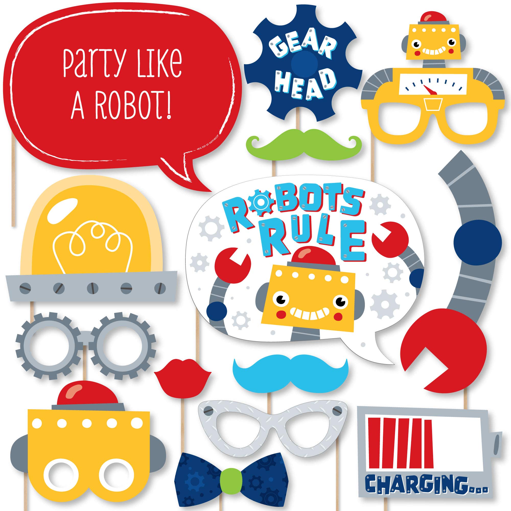 Big Dot Of Happiness Gear Up Robots - Birthday Party Or Baby Shower Photo Booth Props Kit - 20 Count