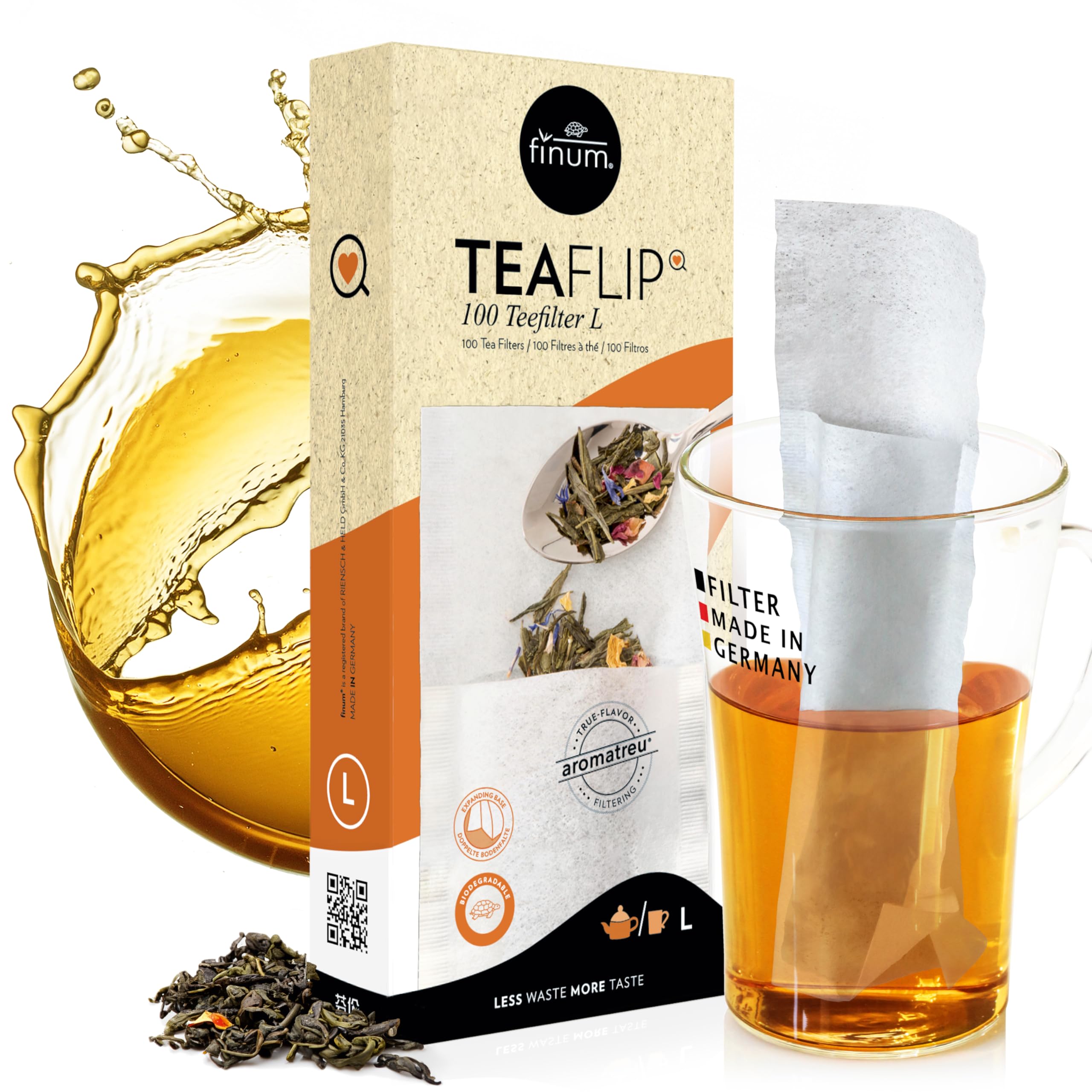 Finum Disposable Paper Tea Filter Bags For Loose Tea, White, Large, 100 Count