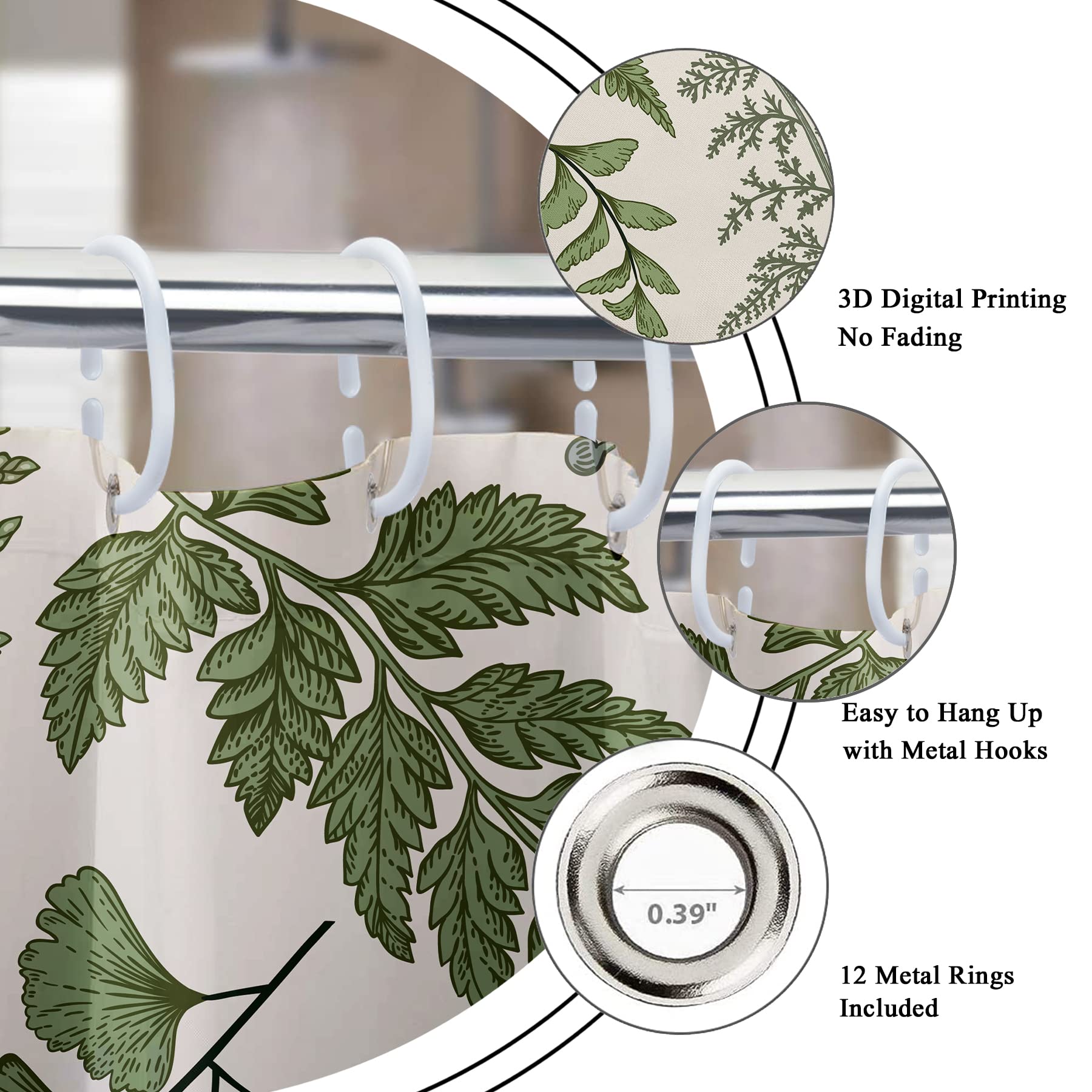 Riyidecor Sage Green Fern Leaves Shower Curtain for Bathroom Decor 60Wx72H Rural Eucalyptus Plant Natural Farmhouse Floral Botanical Beige Art Printed Fabric Polyester Waterproof 12 Pack Plastic Hooks