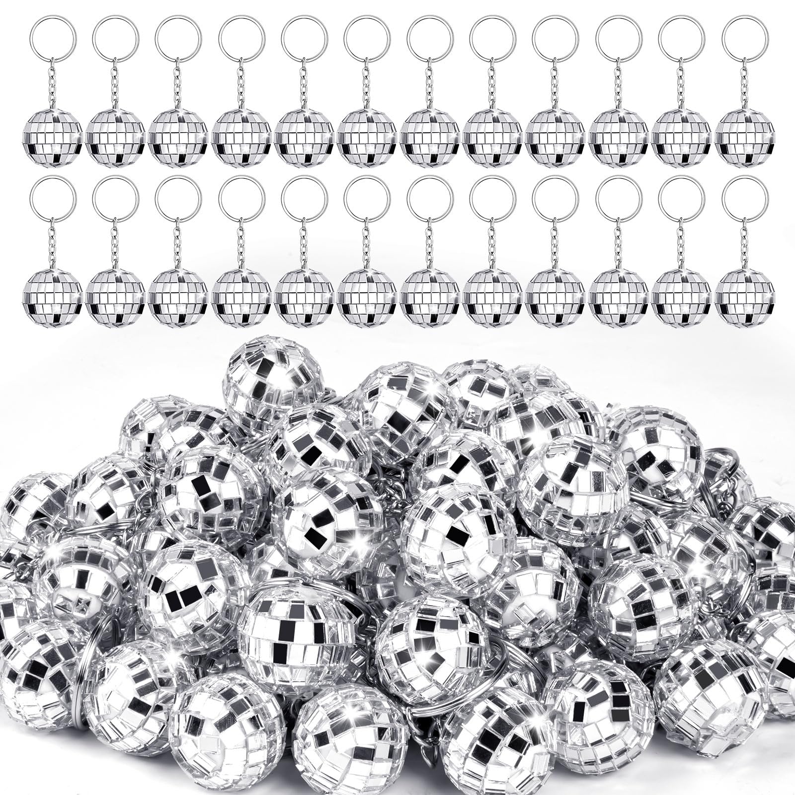 ZHWKMYP 50Pcs Disco Ball Keychain, Disco Ball Keychains Bulk, Mini Silver Disco Ball Key Chain Party Favors for Party Supplies D
