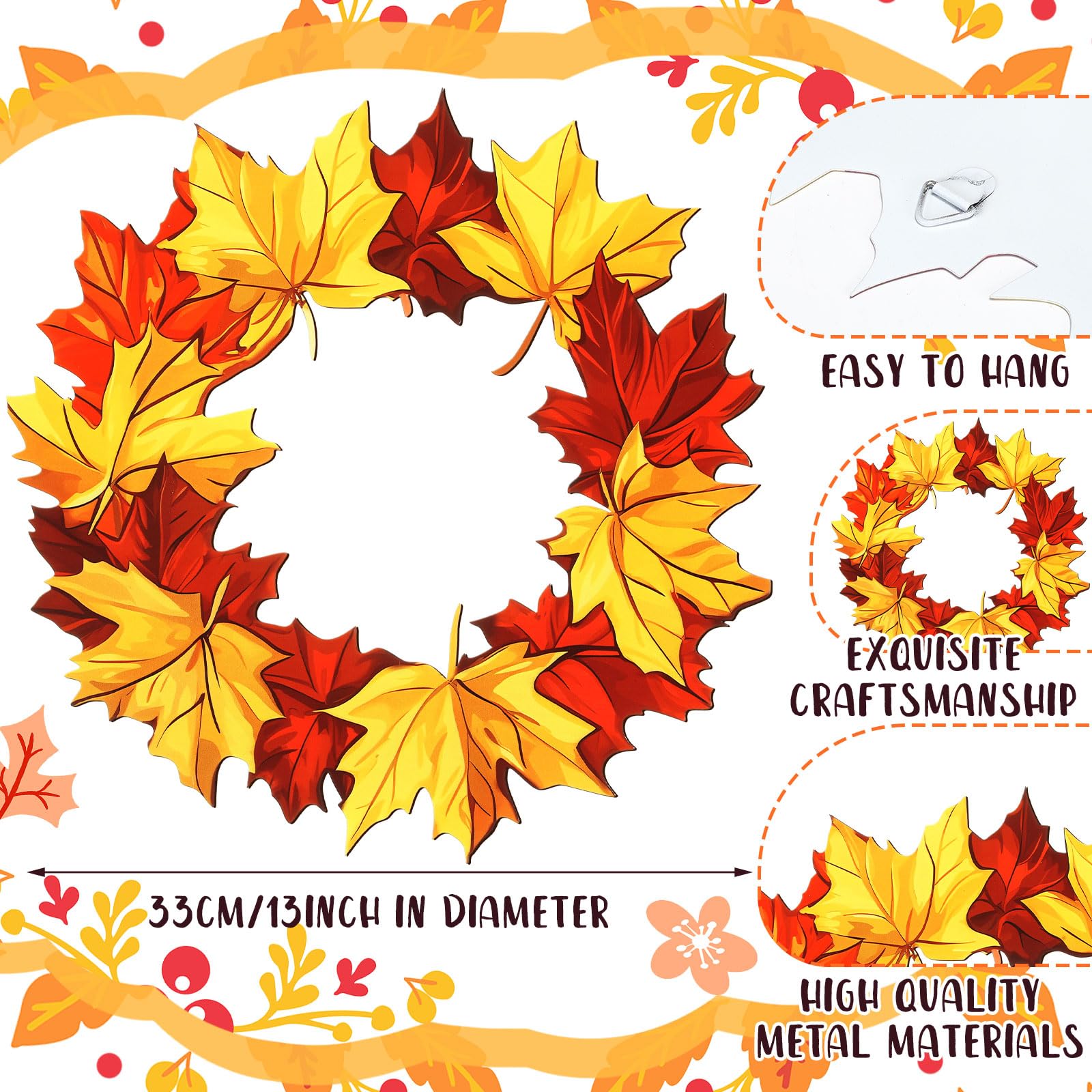 MorningRo Metal Fall Wreaths for Front Door 3D Pattern Thanksgiving Wreath Hanging Autumn Harvest Red Orange Yellow Welcome Sign
