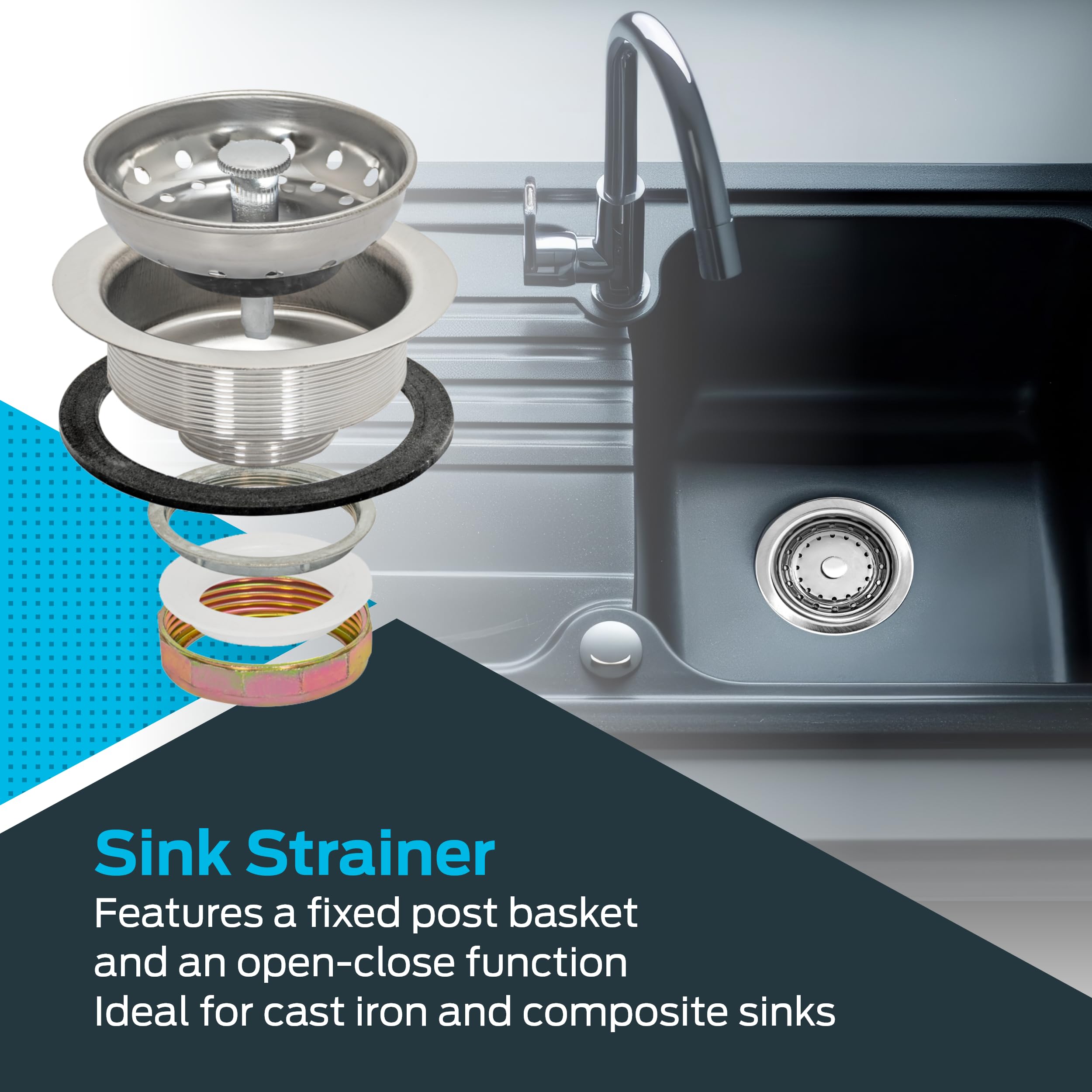 Ez-Flo Kitchen Sink Strainer Fits 3-1/2 Inch Opening, Sink Drain Assembly With Die-Cast Slip-Joint Nut And Fixed-Post Basket, St