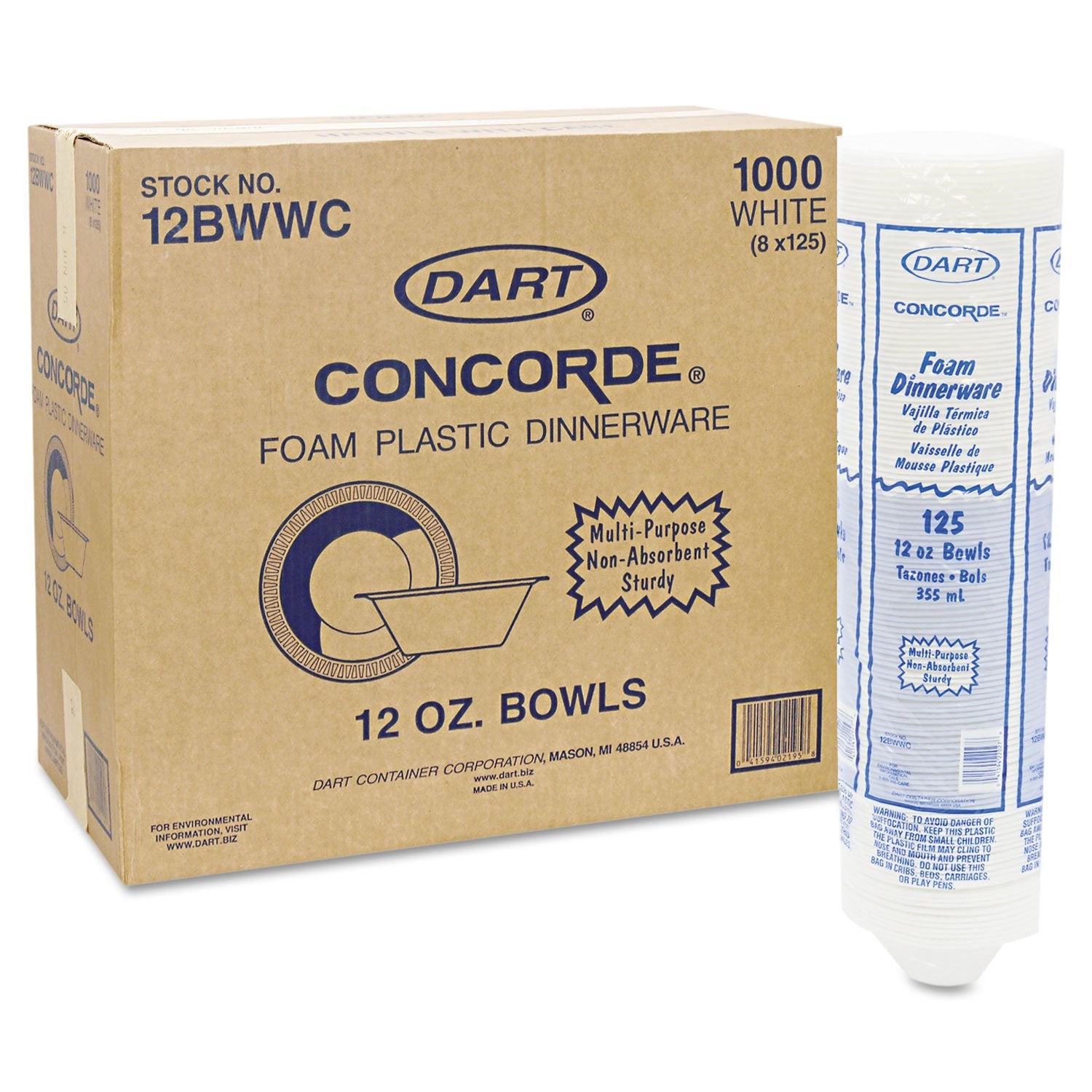 Dart 12Bwwcr 10-12 Oz White Unlaminated Foam Bowl (Case Of 1000)