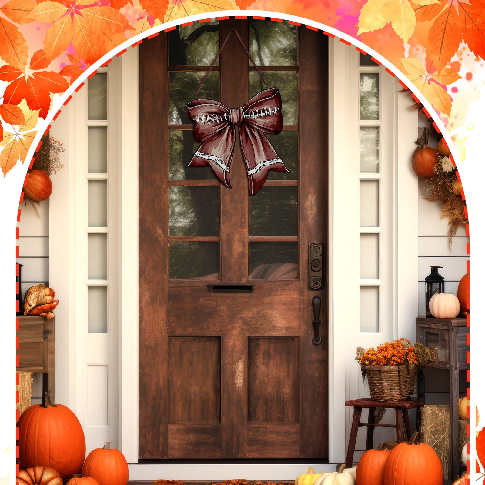 RattanView Bow Wooden Hanging Sign Fall Football Bow Wall Hanging Wall Art Thanksgiving Bowknot Welcome Door Sign Decor for Autu