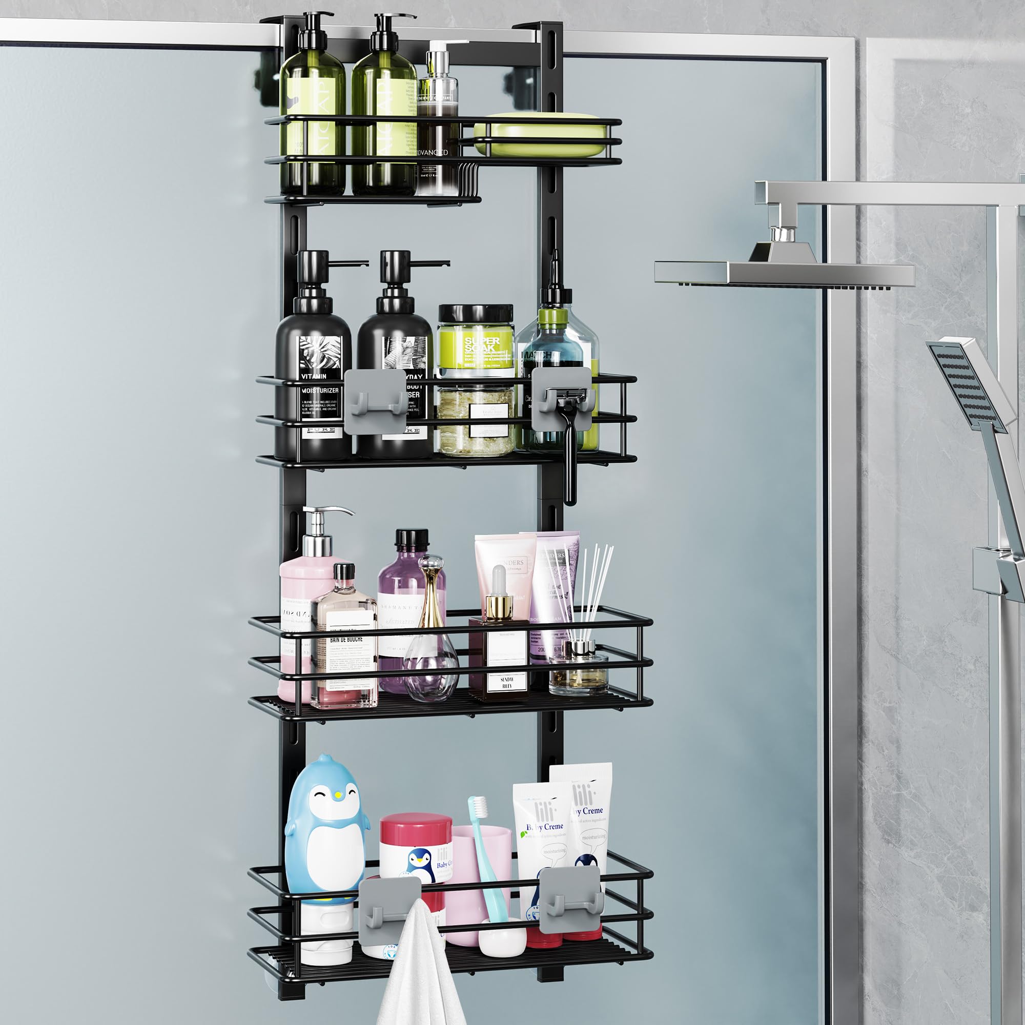 Orimade Over The Door Shower Caddy Adjustable 4 Tier Black,Bathroom Hanging Organizer Shelf Rustproof with 4 Hooks,Shower Basket