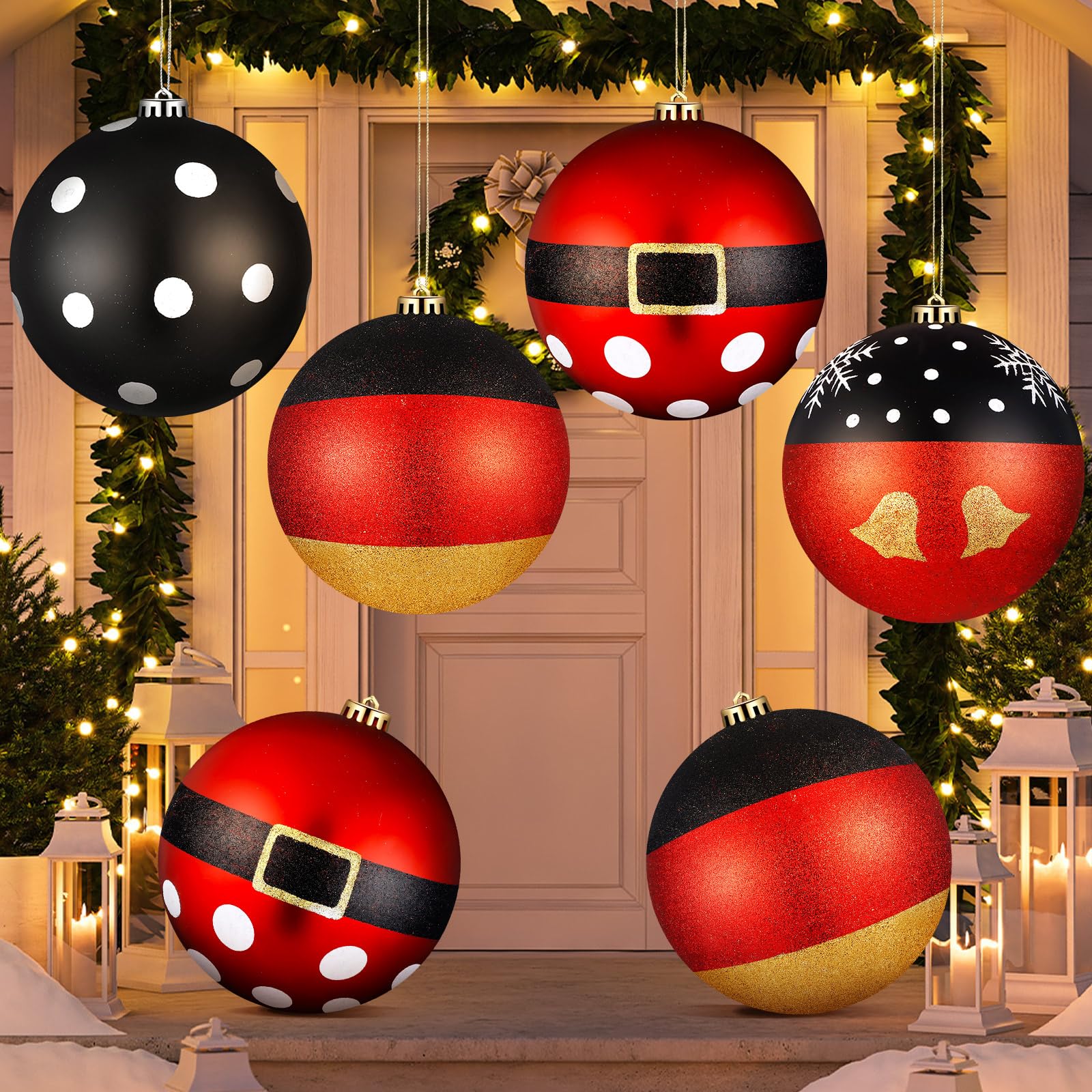 Tigeen 4 Pcs 6'' Large Mouse Christmas Ball Ornaments Extra Large Red Black Yellow Bell Hanging Ornaments 150mm Glitter Winter M