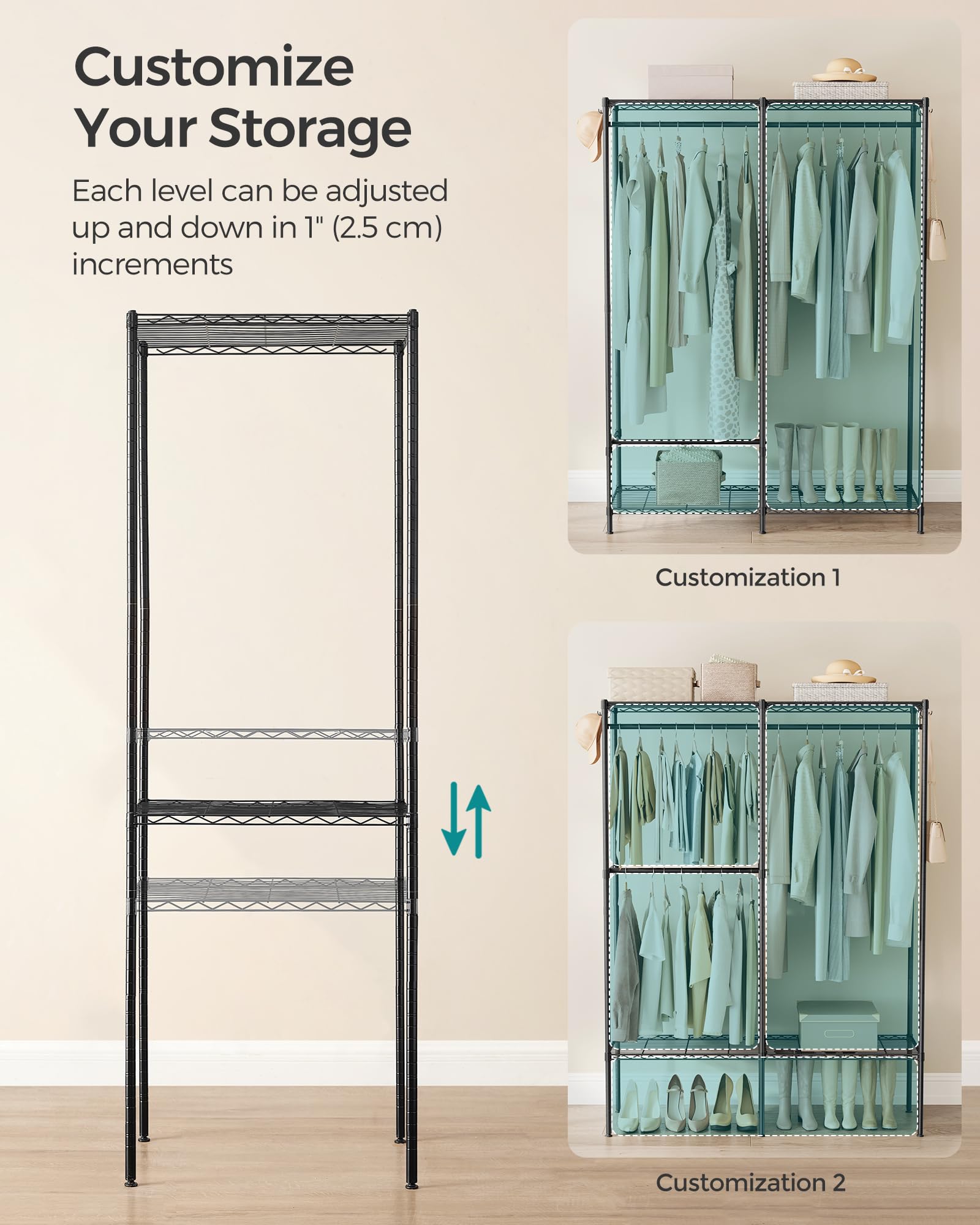 Songmics Clothes Rack, Freestanding Wardrobe Closet, Metal Clothing Racks, Heavy-Duty Garment Rack With Adjustable Shelves, Hang