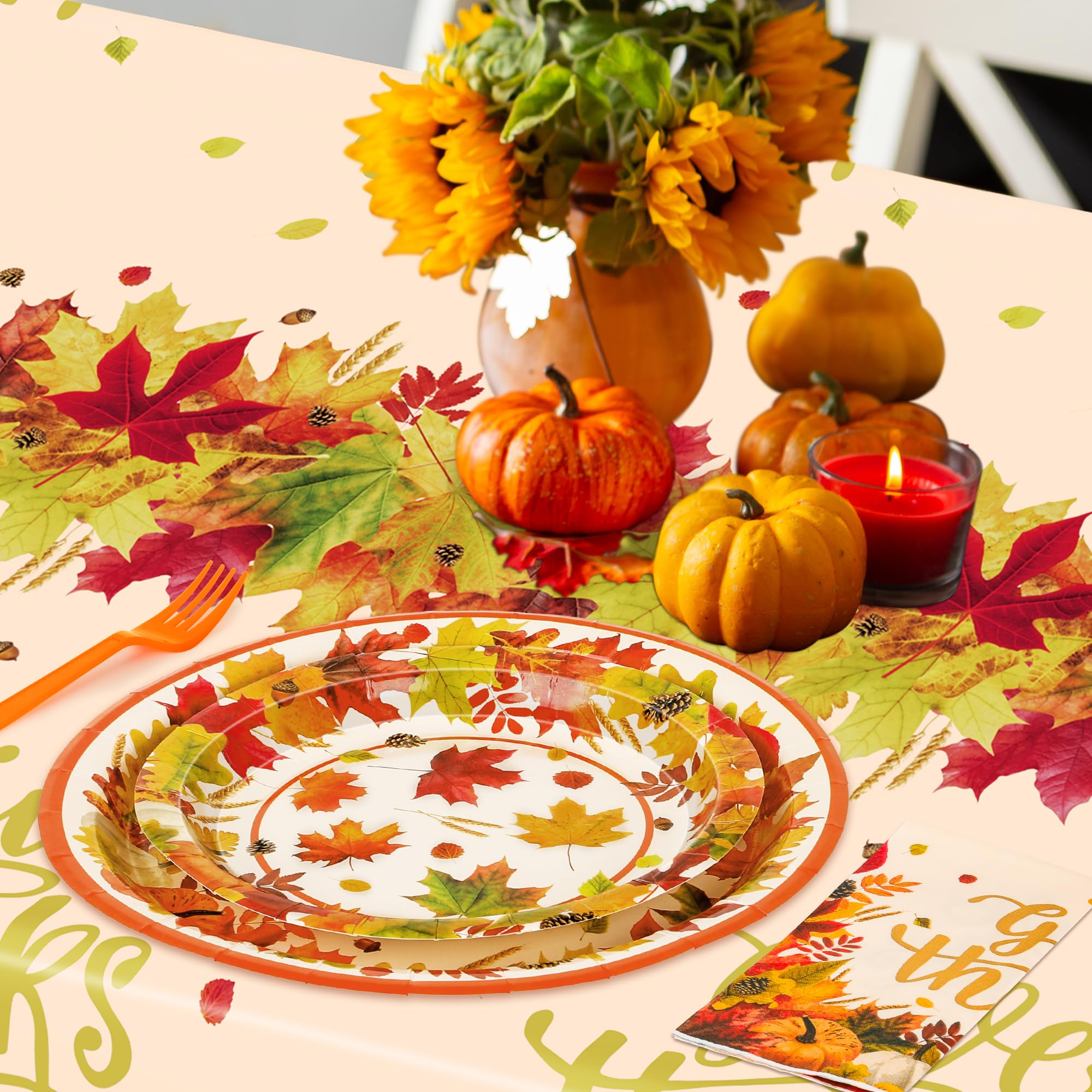 QZYL 122 PCS Thanksgiving Dinnerware Set, Disposable Paper Plates and Napkins, Maple Leaves Dinner Plates Dessert Tray Napkins F