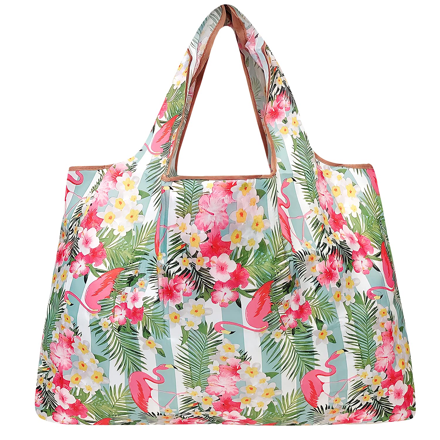 Bowbear Foldable Nylon Reusable Shopping Grocery Bag  Flamingos & Hibiscus