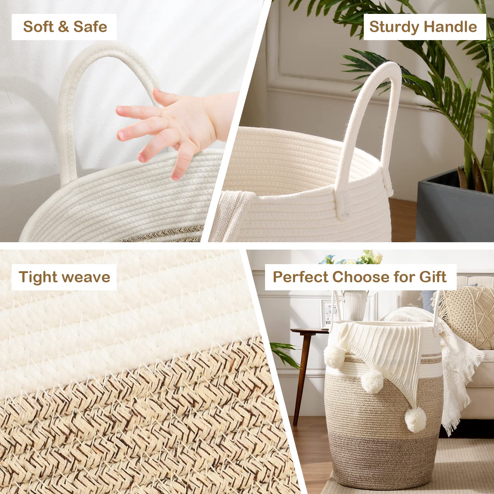 OIAHOMY Laundry Hamper Woven Rope Large Clothes Hamper 25.6'' Height Tall Laundry Basket with Extended Handles for Storage Clothes Toys in Bedroom  Bathroom  Foldable (Gradient Yellow)