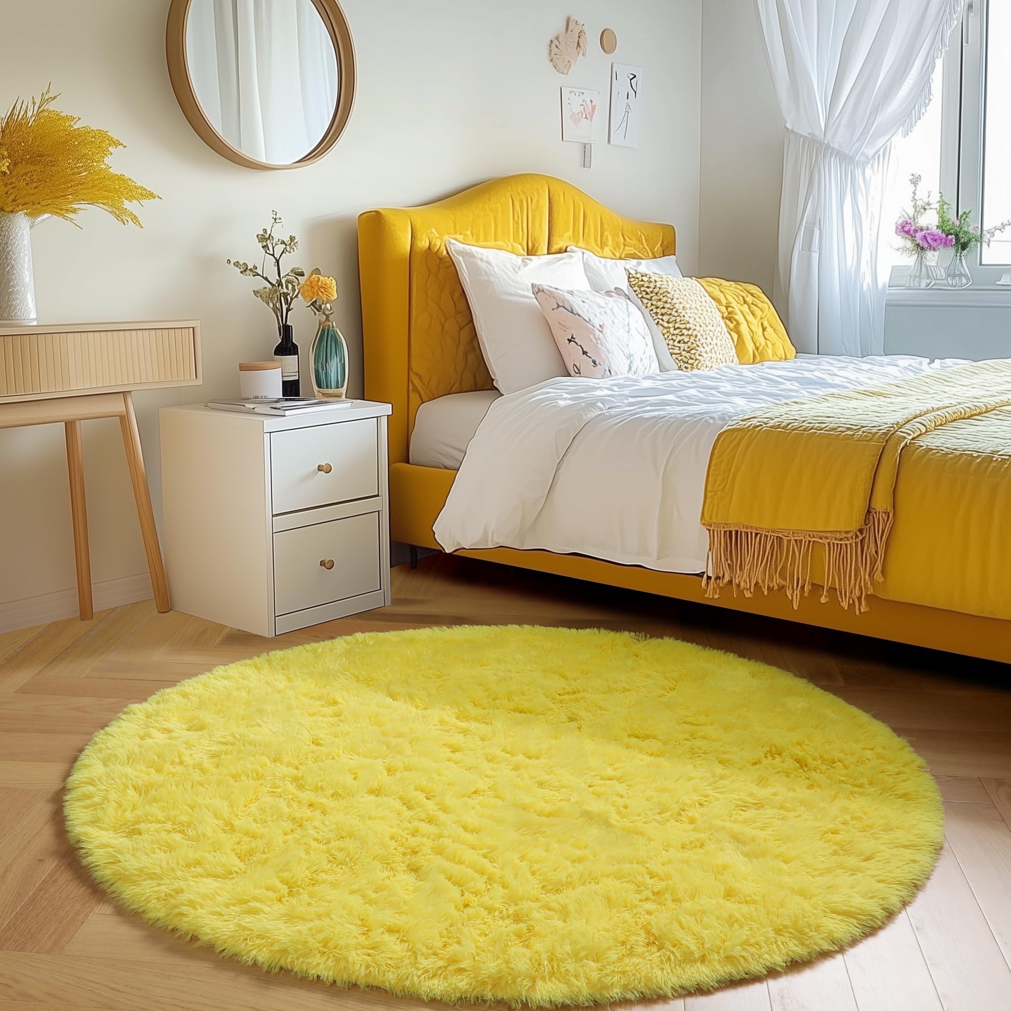 Amdrebio Yellow Round Circle Area Rug 4Ft for Bedroom Living Room, Fluffy Fuzzy Plush Rugs for Kids Room Decor Aesthetic, Cute F