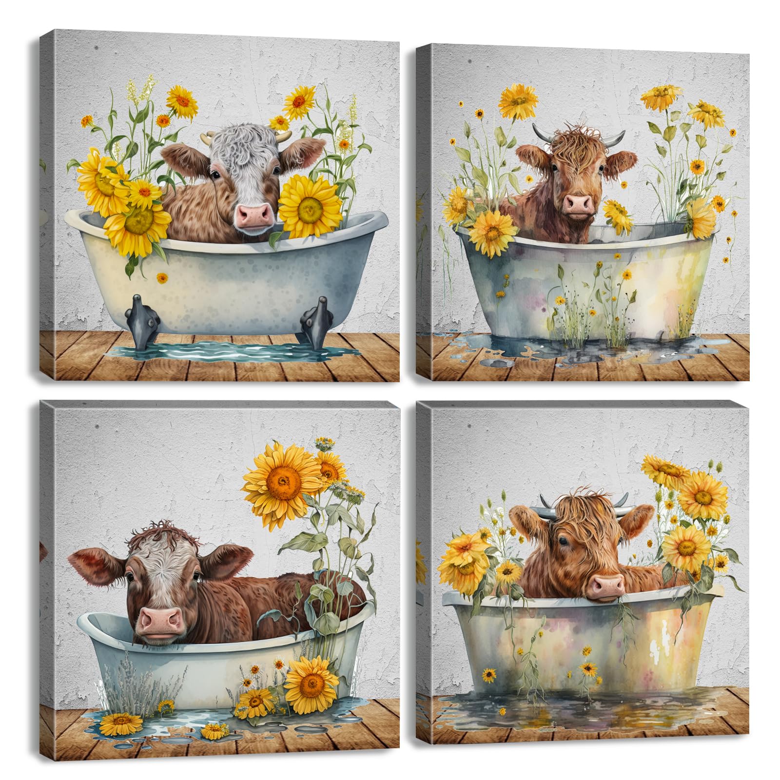 Cow Pictures Wall Decor Rustic Farmhouse Sunflower Highland Cow Wall Art Bathroom Decor Funny Cattle In Bathtub Canvas Prints Ar