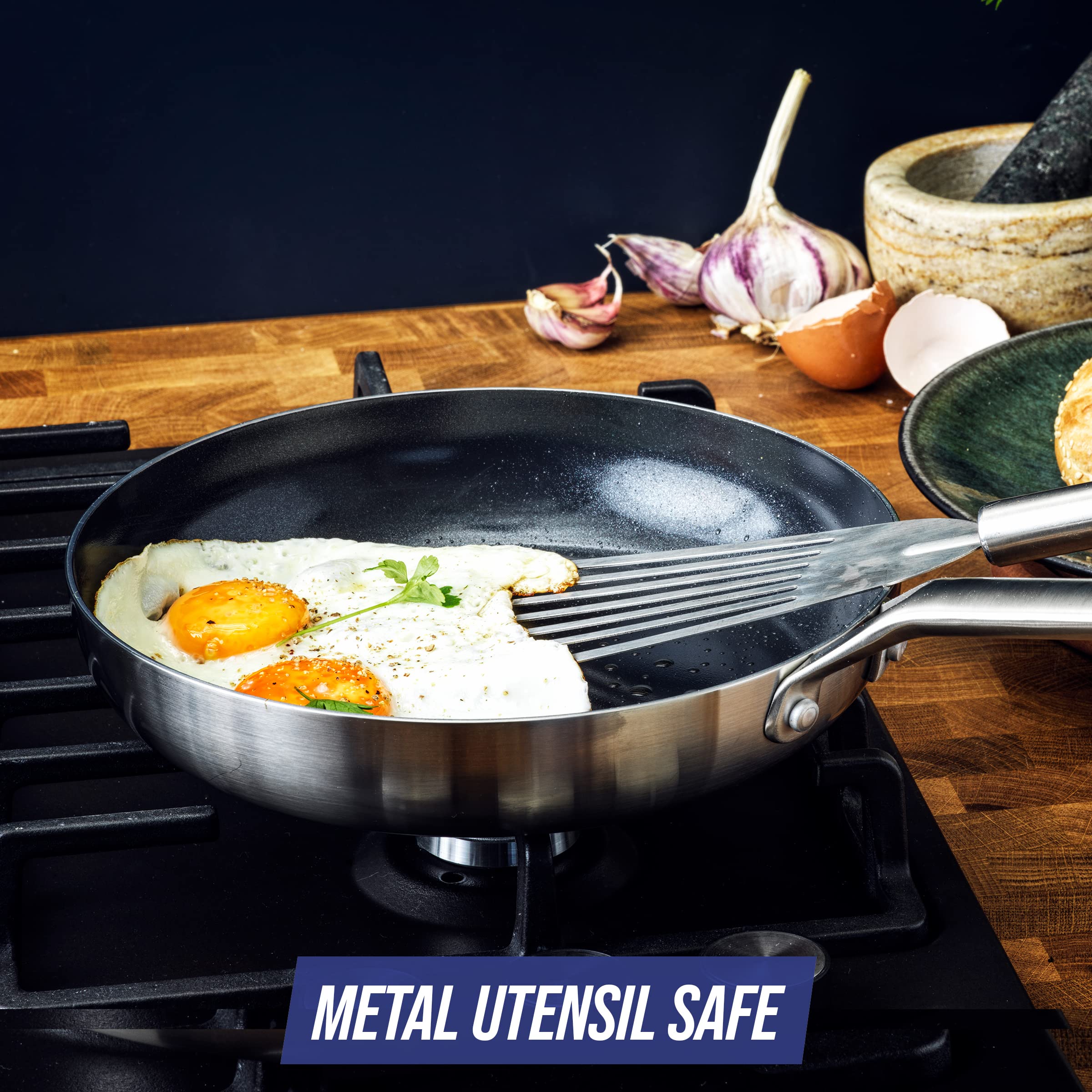 Blue Diamond Cookware Tri-Ply Stainless Steel Ceramic Nonstick, 9.5 Frying Pan Skillet, Pfas-Free, Multi Clad, Induction, Dish